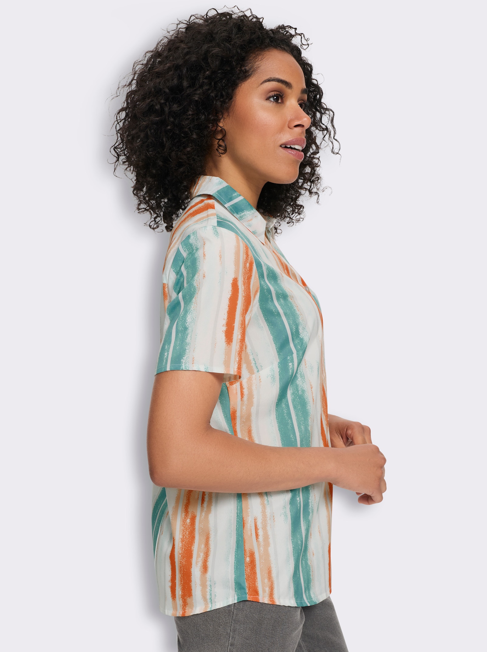 Blouse met korte mouwen en afgeronde zoom - apricot/oceaan bedrukt