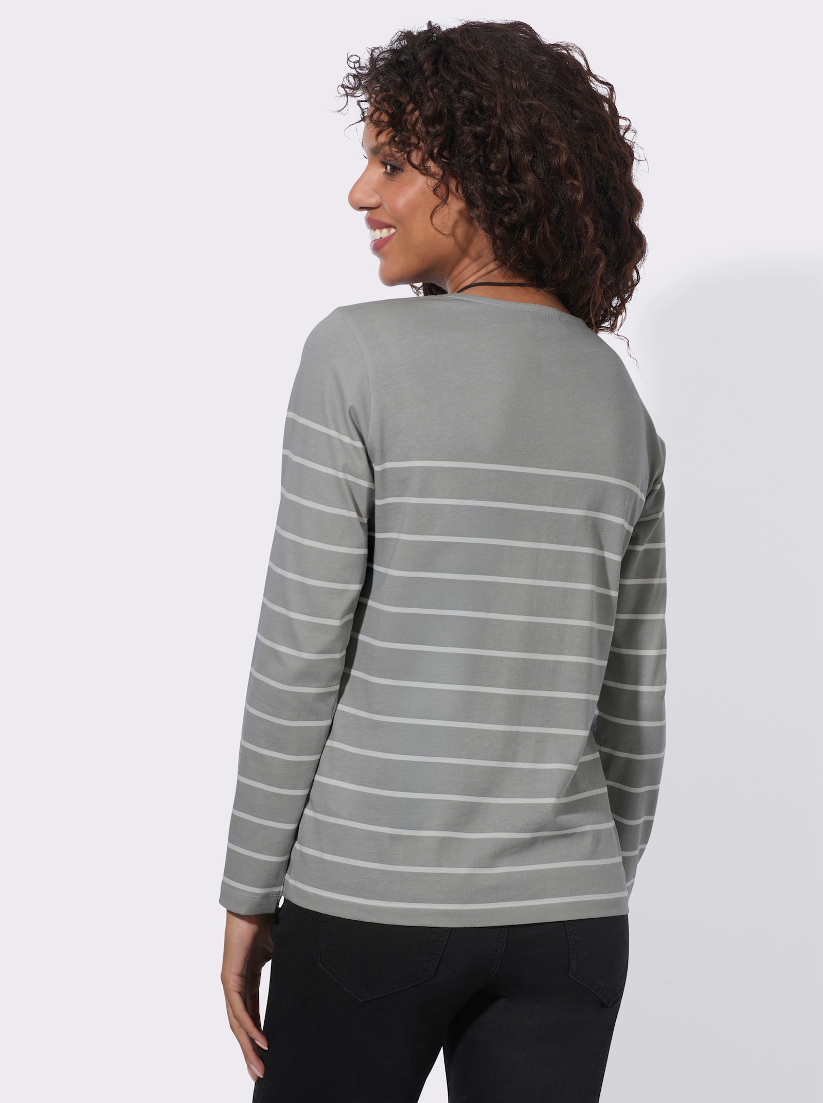 Ringelshirt aus reiner Baumwolle - steingrau-ecru