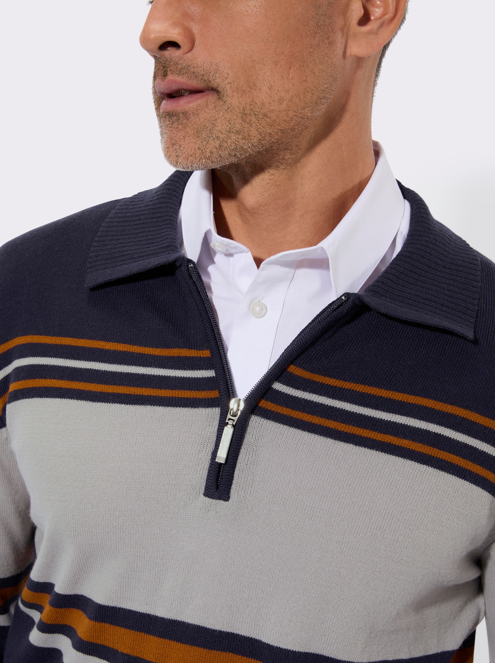 Polopullover met op dessin geplaatst streeppatroon - marine/steengrijs