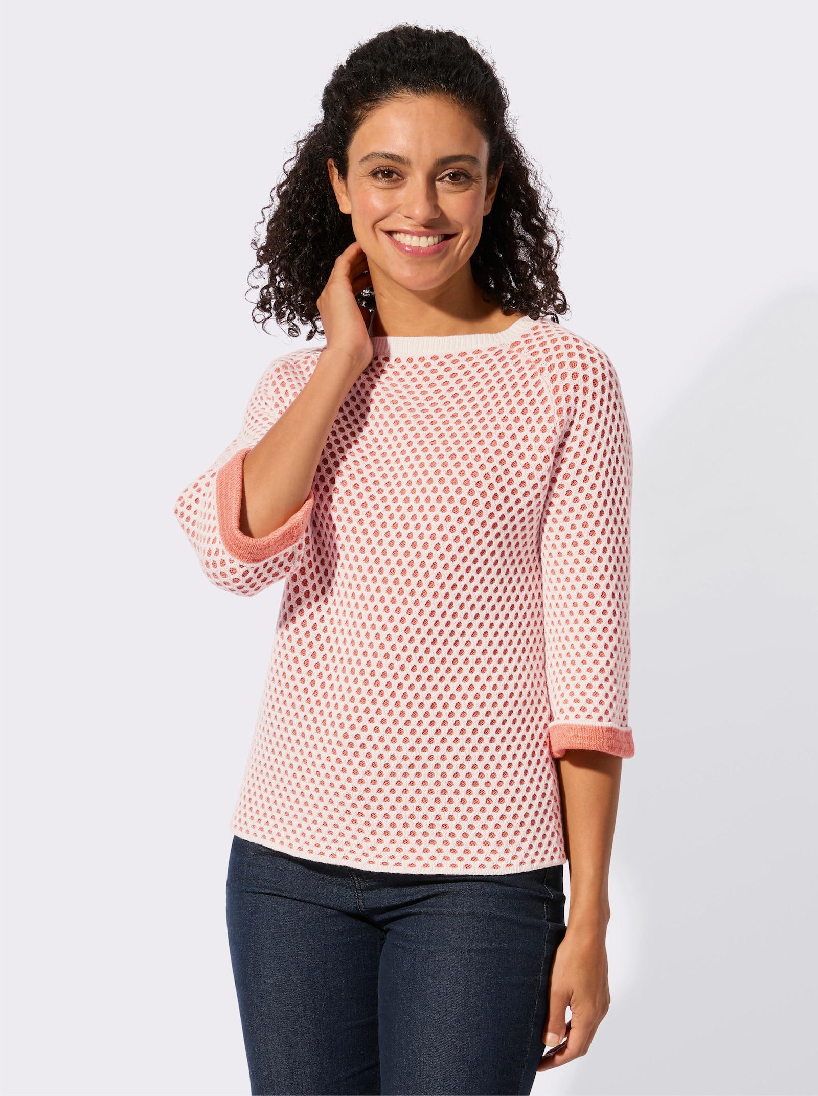 Strickpullover in Netz-Optik - papaya-ecru