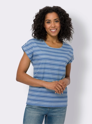 Rundhalsshirt - mittelblau-ecru-geringelt