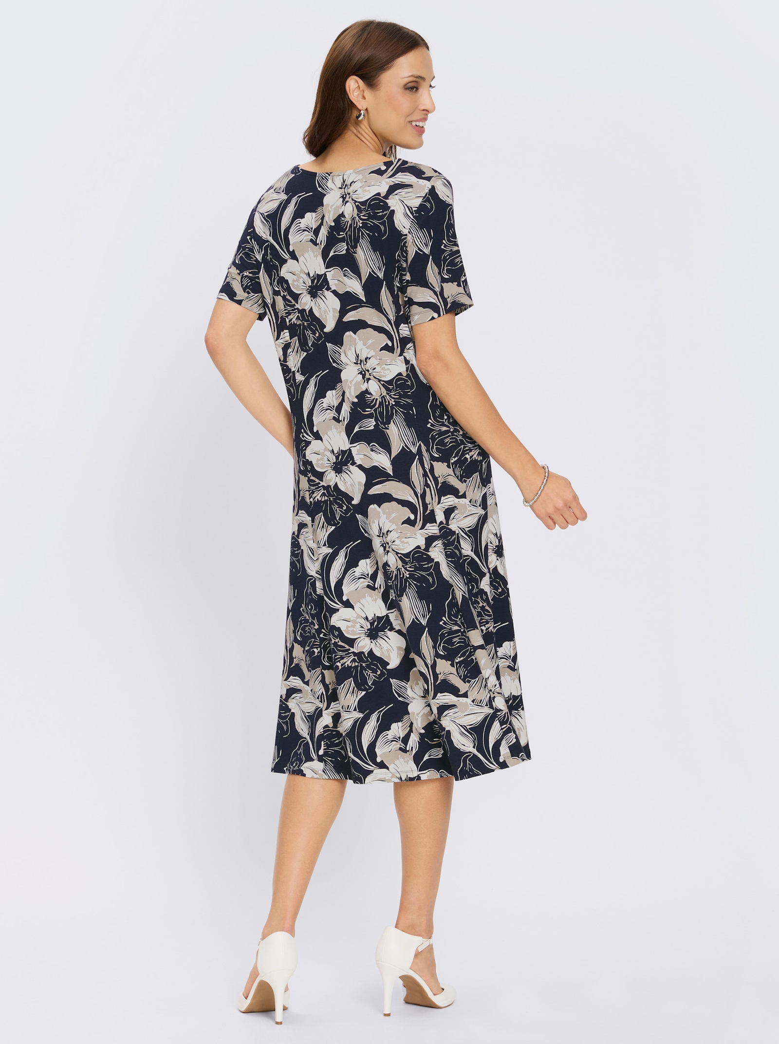 Jerseykleid mit Wiener Nähten - marine-beige-bedruckt