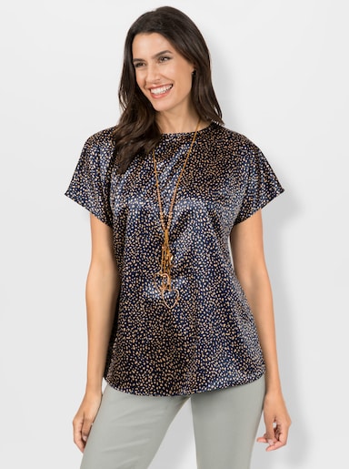 Satinbluse mit U-Boot-Ausschnitt - marine-camel-bedruckt