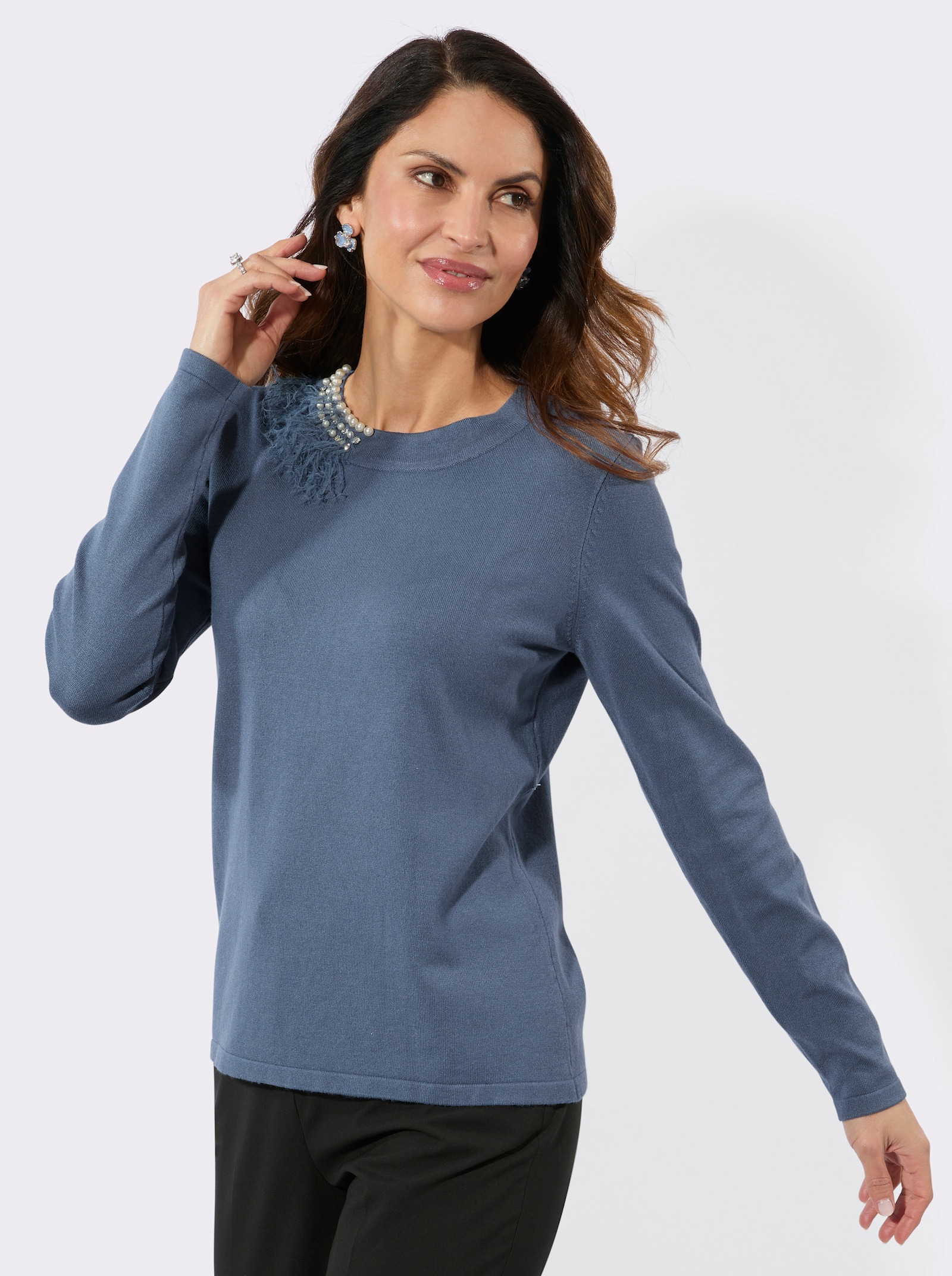 Feinstrickpullover mit Zierperlen - rauchblau