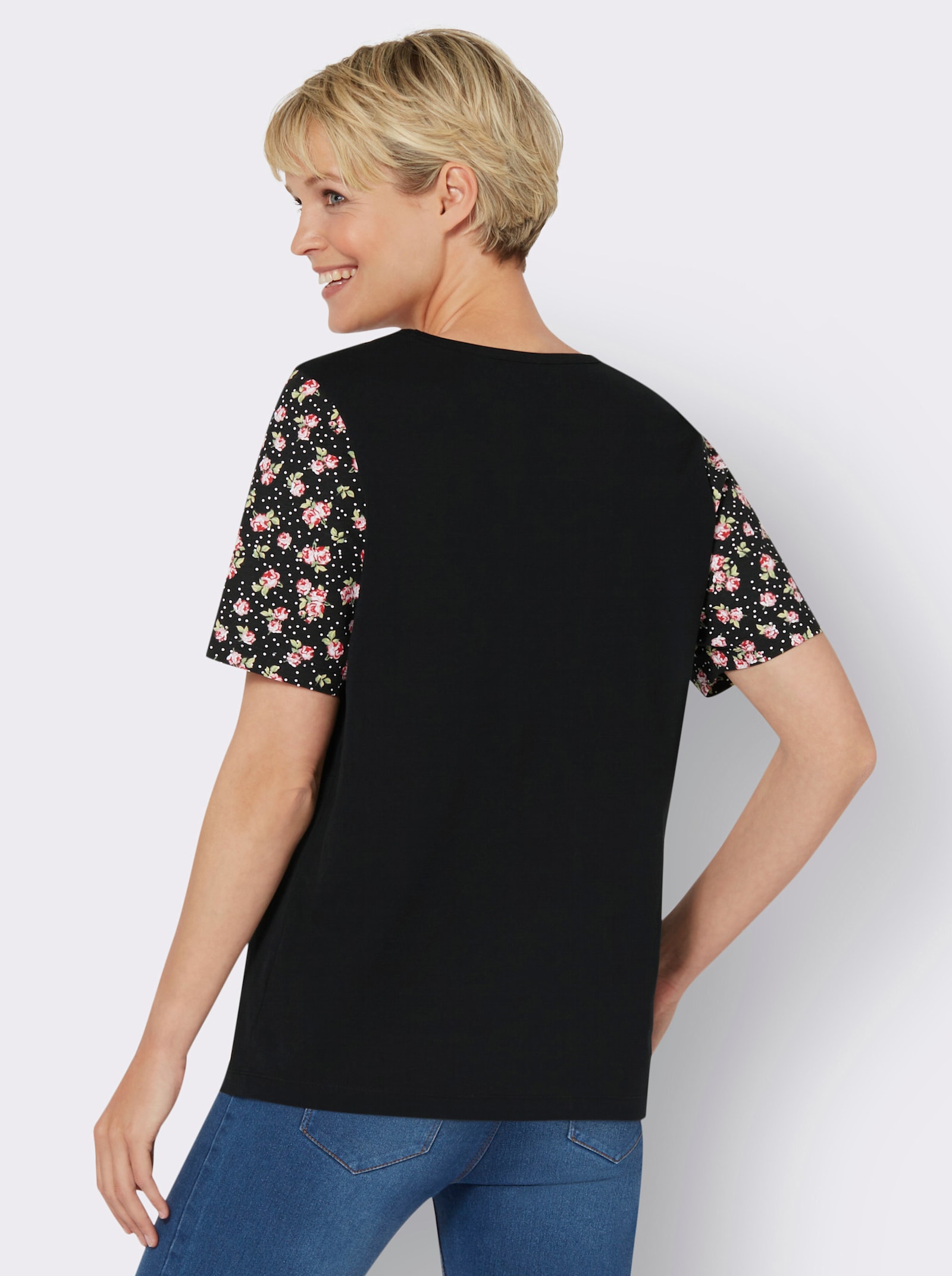 Tričko, krátke rukávy, kvietky na rukáve - čierna