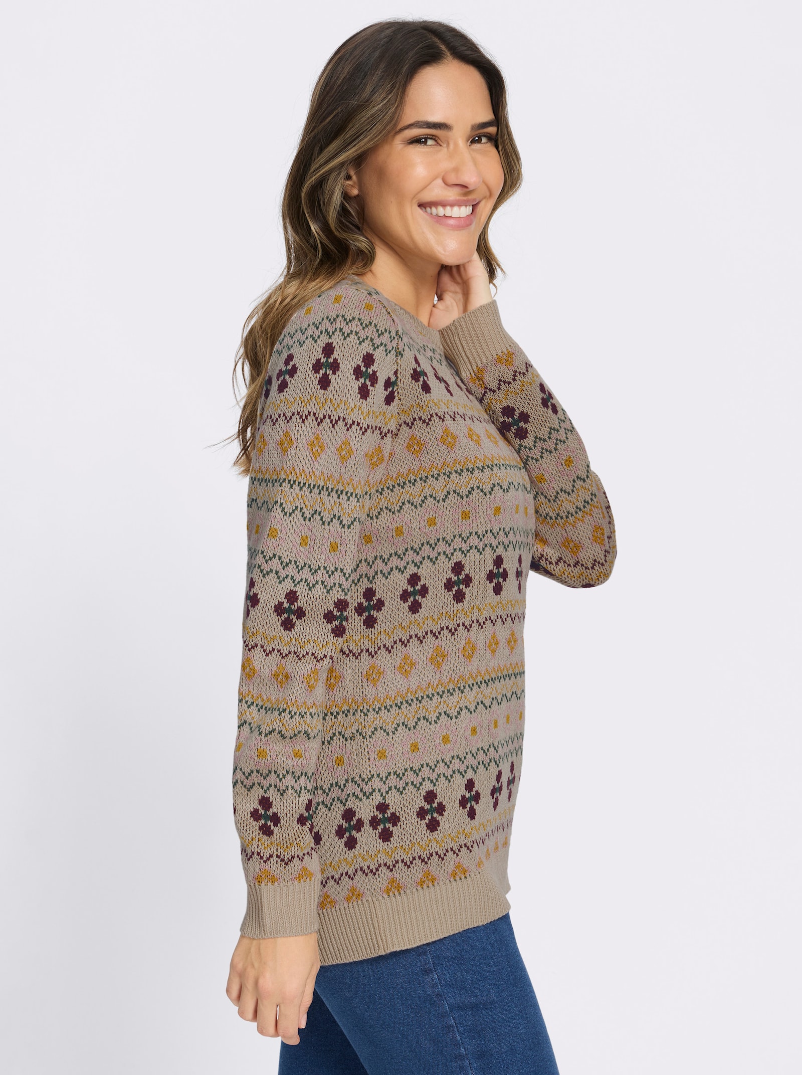 Jacquard-Pullover mit gerippten Abschlüssen - sand-burgund-gemustert