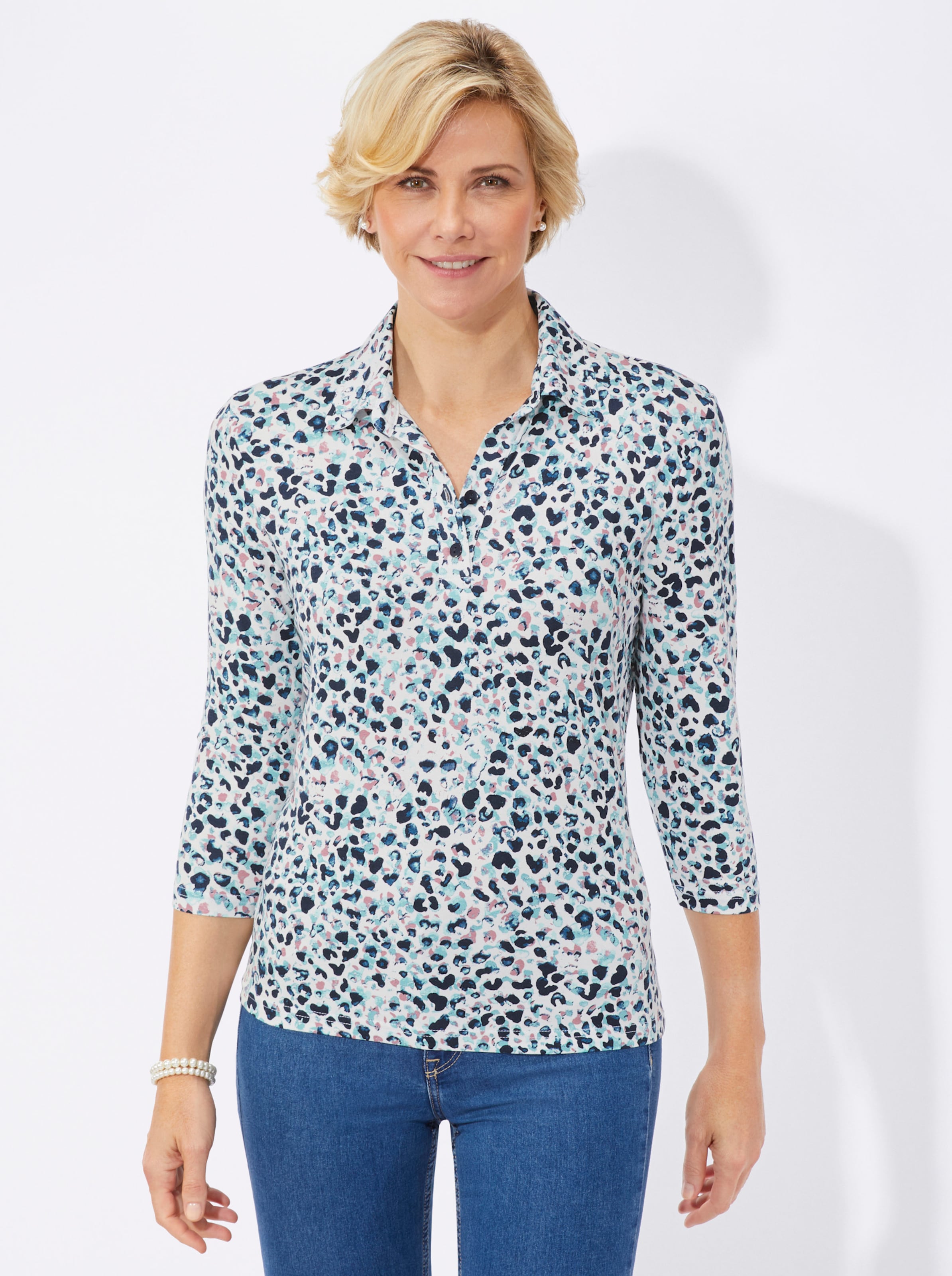 Witt Damen 3/4-Arm-Shirt mit offenem Hemdkragen, marine-rosé-bedruckt