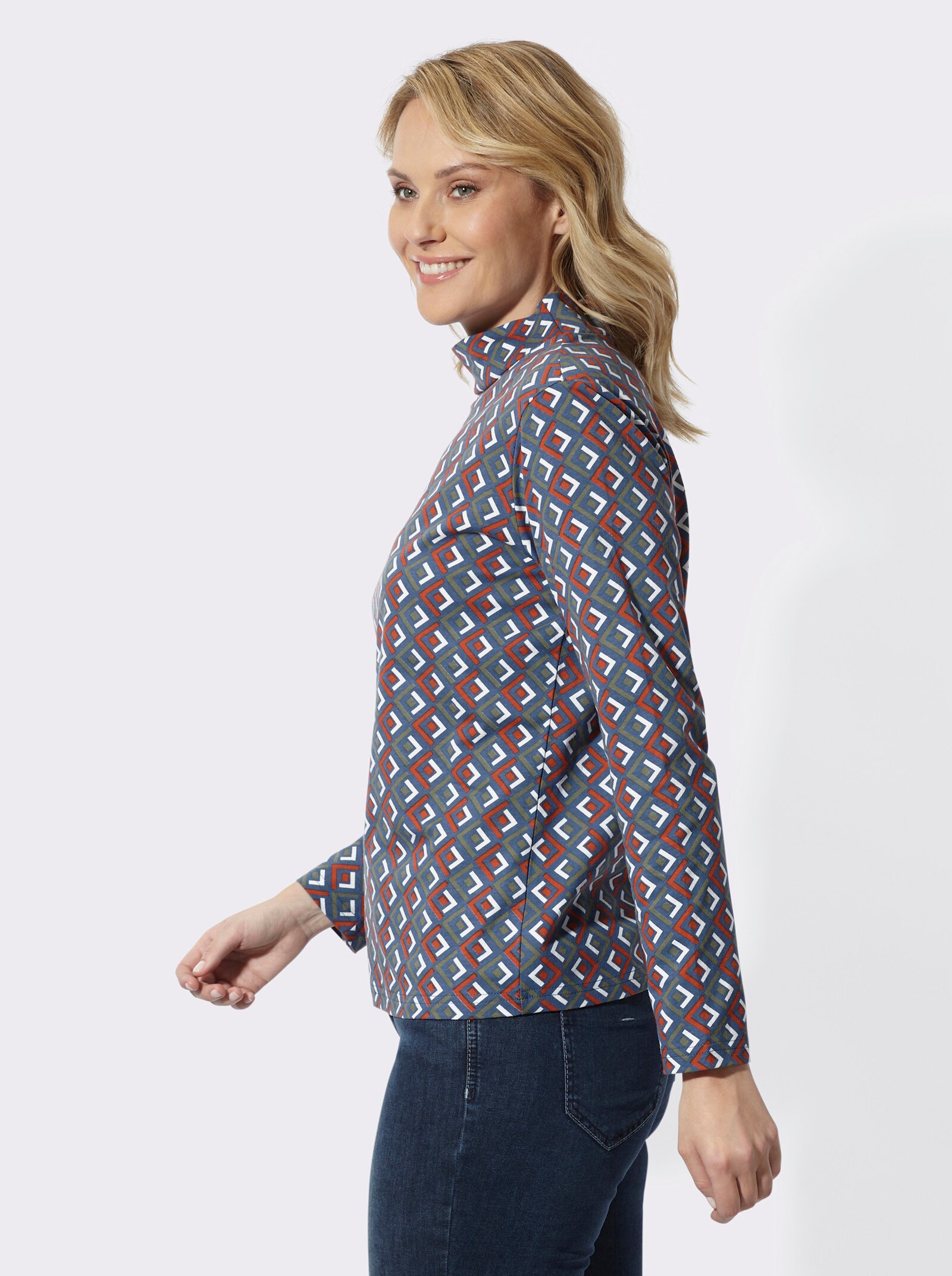 Stehkragenshirt mit Print - rauchblau-rostrot-bedruckt
