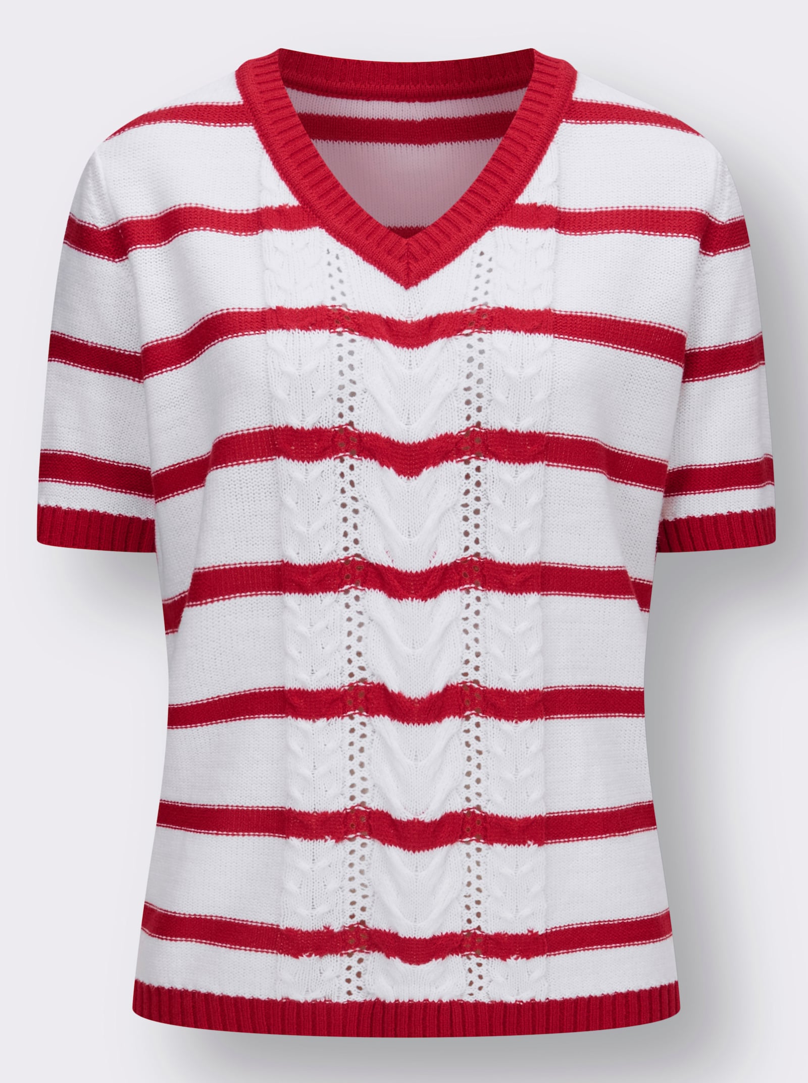 Kurzarmpullover mit Zopfmuster - erdbeere-weiß-geringelt