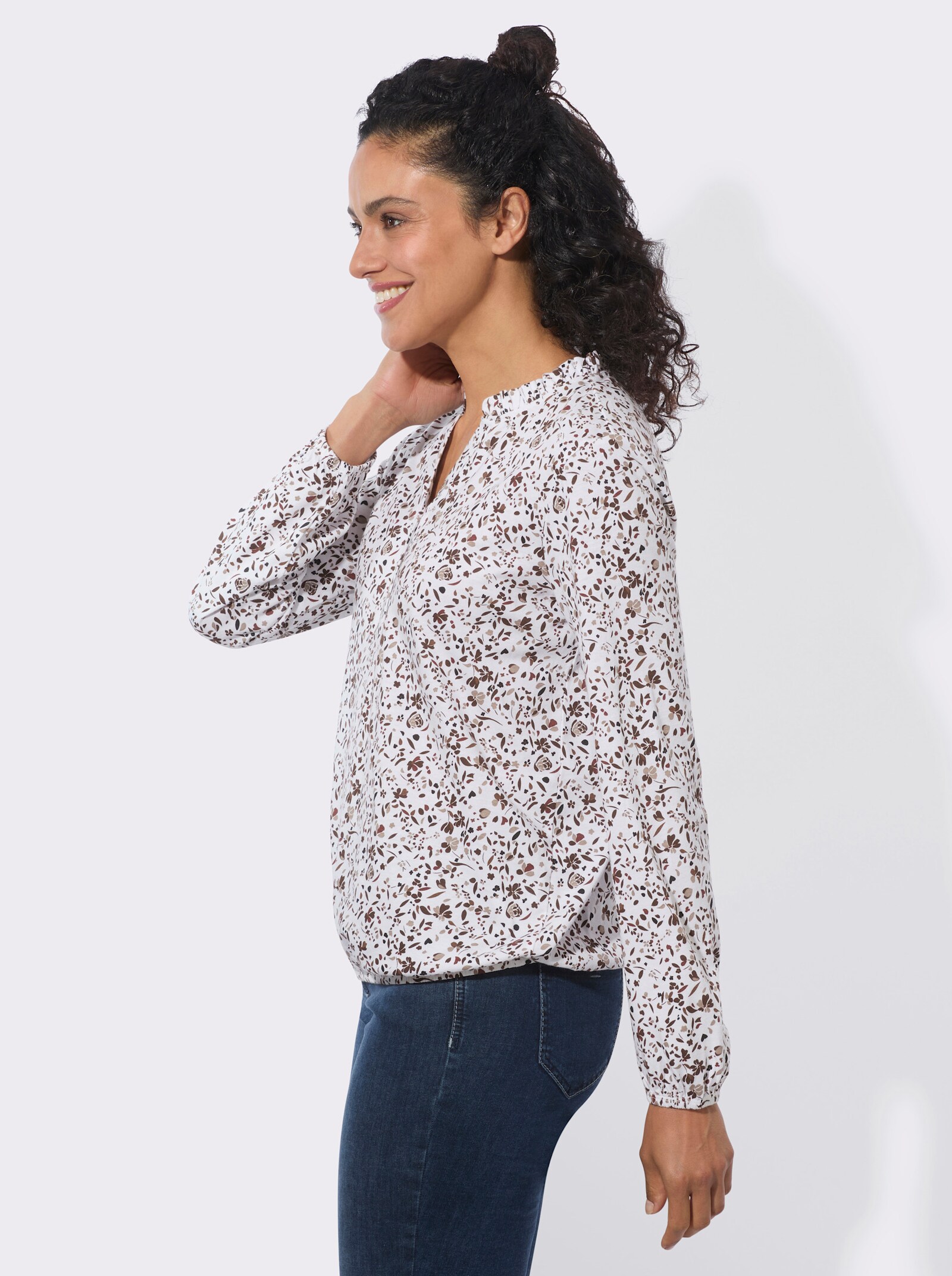 Langarmshirt mit Gummibündchen - ecru-rotbraun-bedruckt