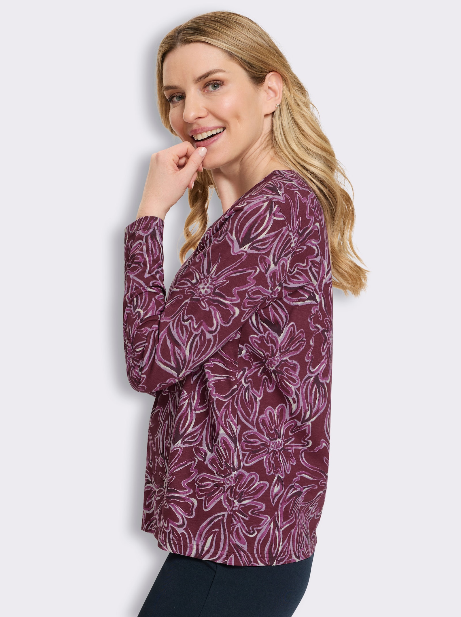 Langarmshirt im floralen Dessin - bordeaux-flieder-bedruckt