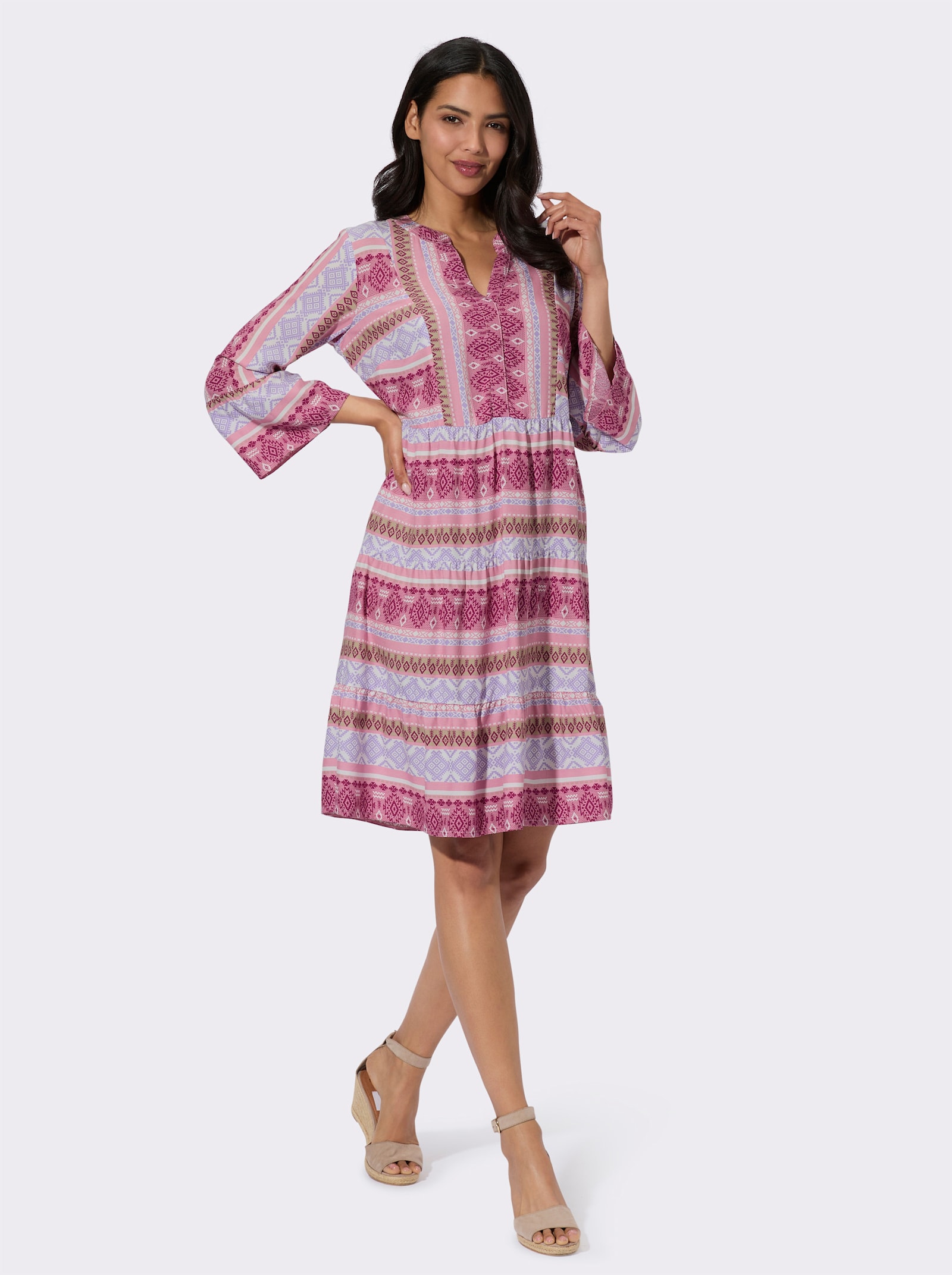 Stufenkleid mit Volant am Ärmelabschluss - altrosa-malve-bedruckt