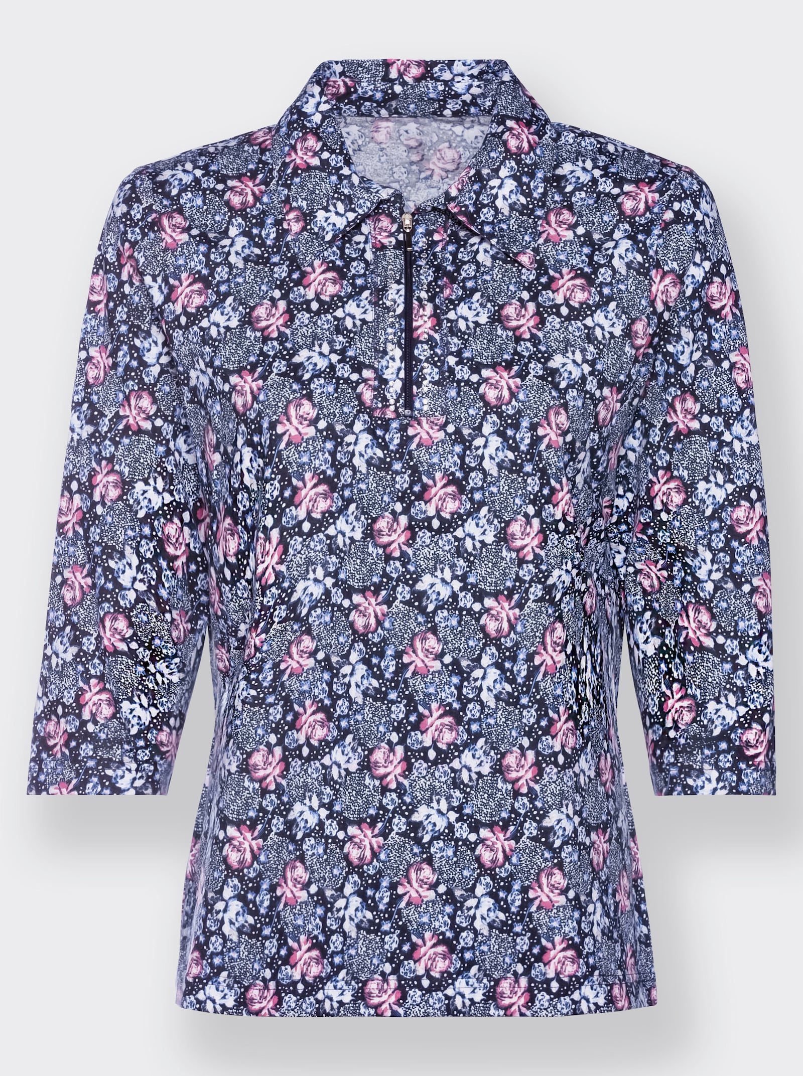 Poloshirt mit Glitzersteinchen - marine-altrosa-bedruckt