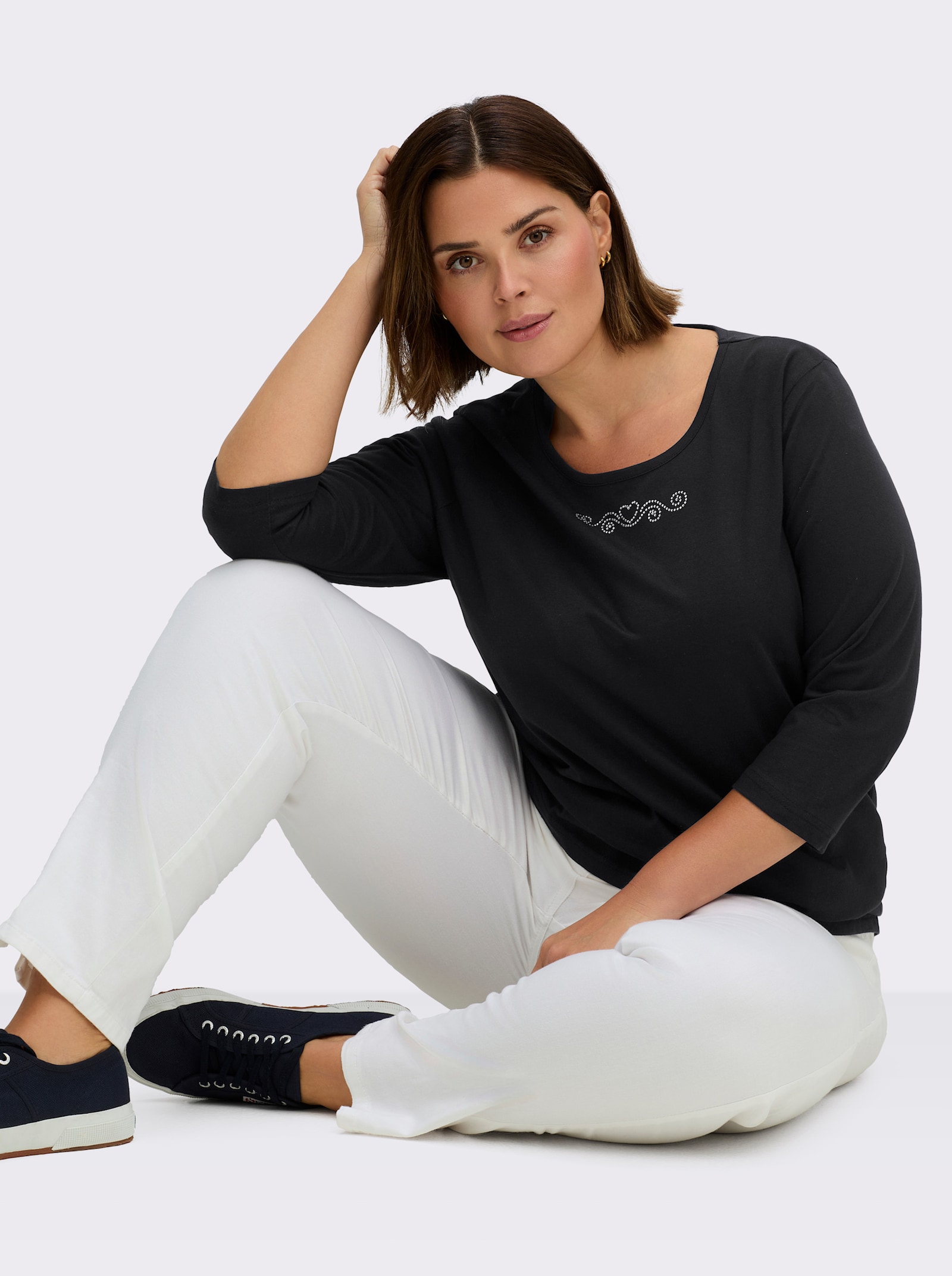 3/4-Arm-Shirt mit Ziersteinchen - schwarz