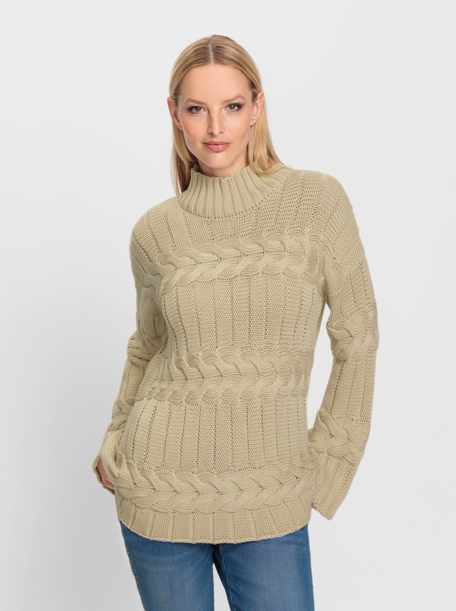 heine Stehkragenpullover mit Strickmuster-Mix - sand