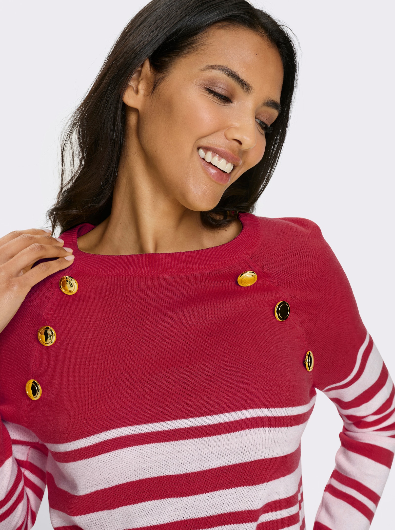 Langarm-Pullover mit goldfarbenen Knöpfen - rot-weiß-geringelt