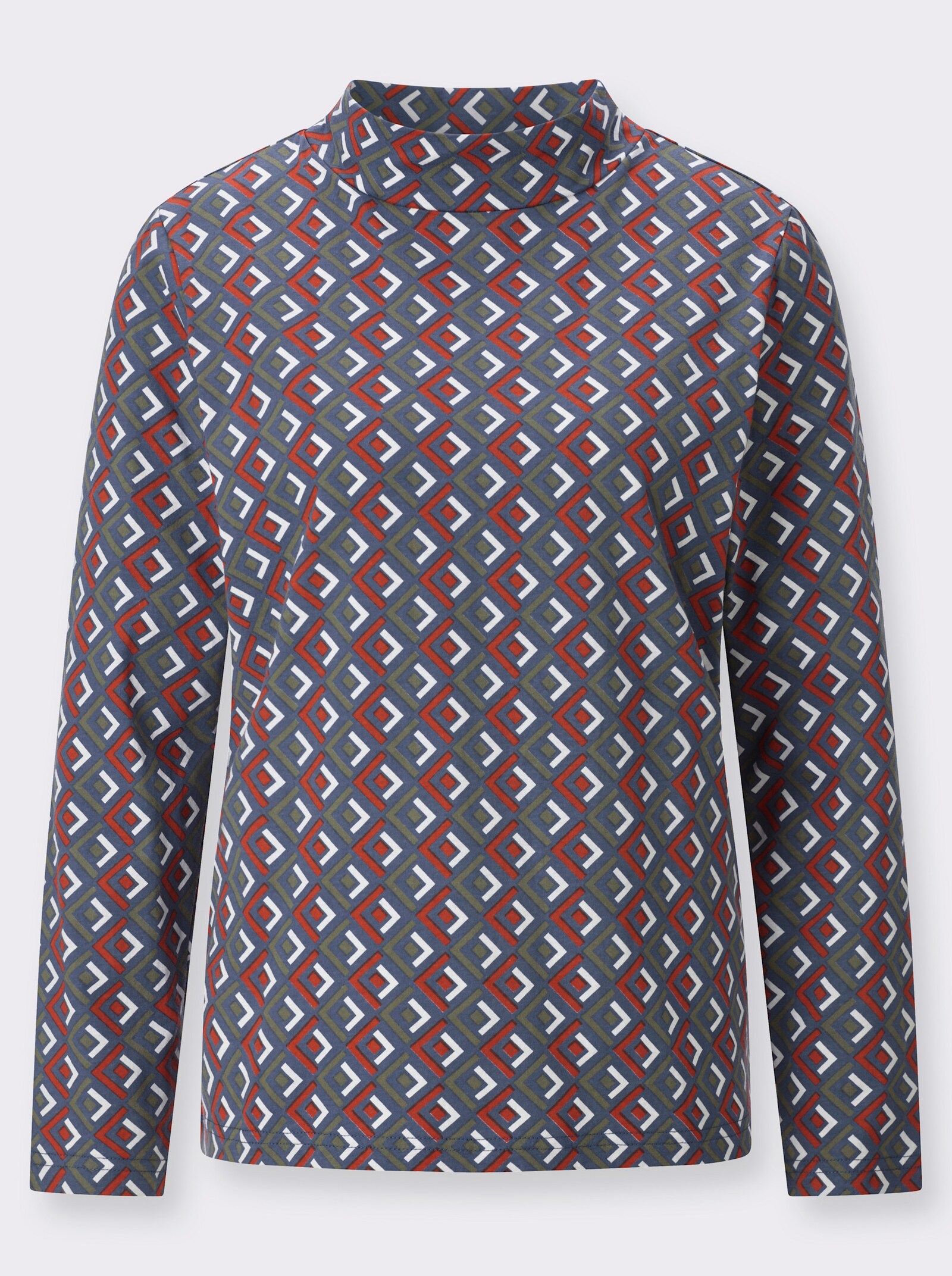 Stehkragenshirt mit Print - rauchblau-rostrot-bedruckt