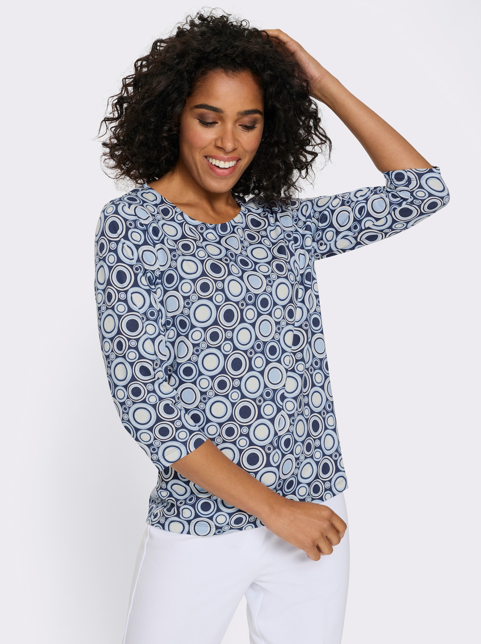 3/4-Arm-Shirt mit Kreise-Muster, Baumwolle - marine-ecru-gemustert