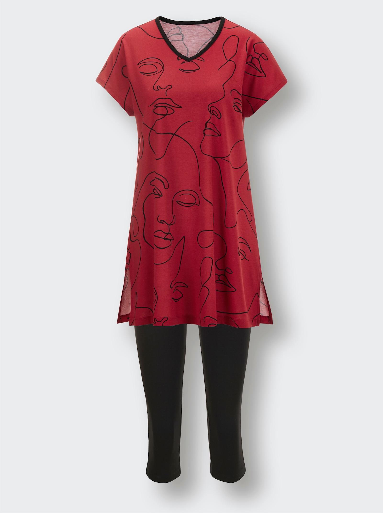 wäschepur Caprianzug mit Tunika-Oberteil - rot-schwarz-bedruckt