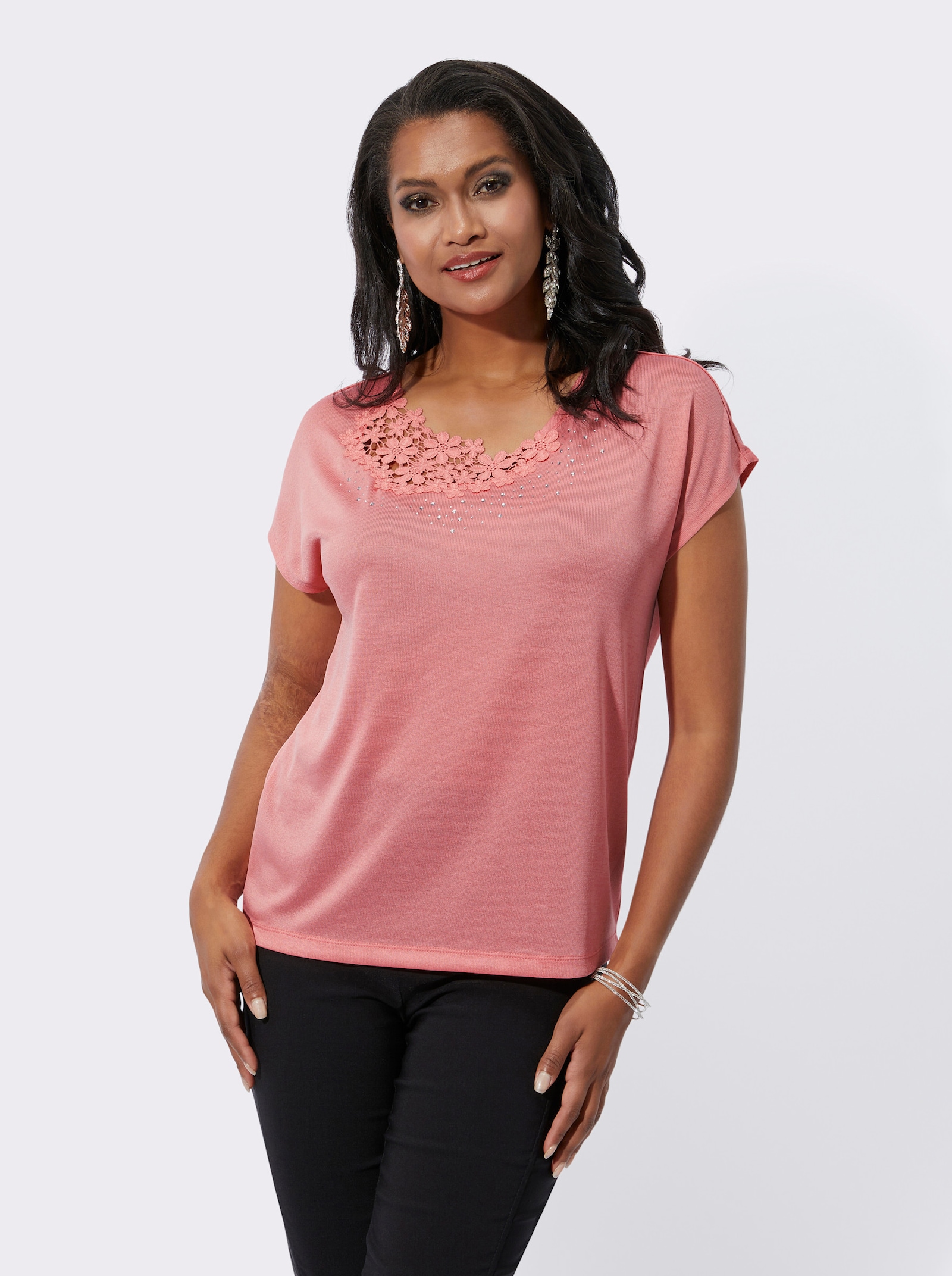 Shirt met korte mouwen en kantinzet opzij - flamingo