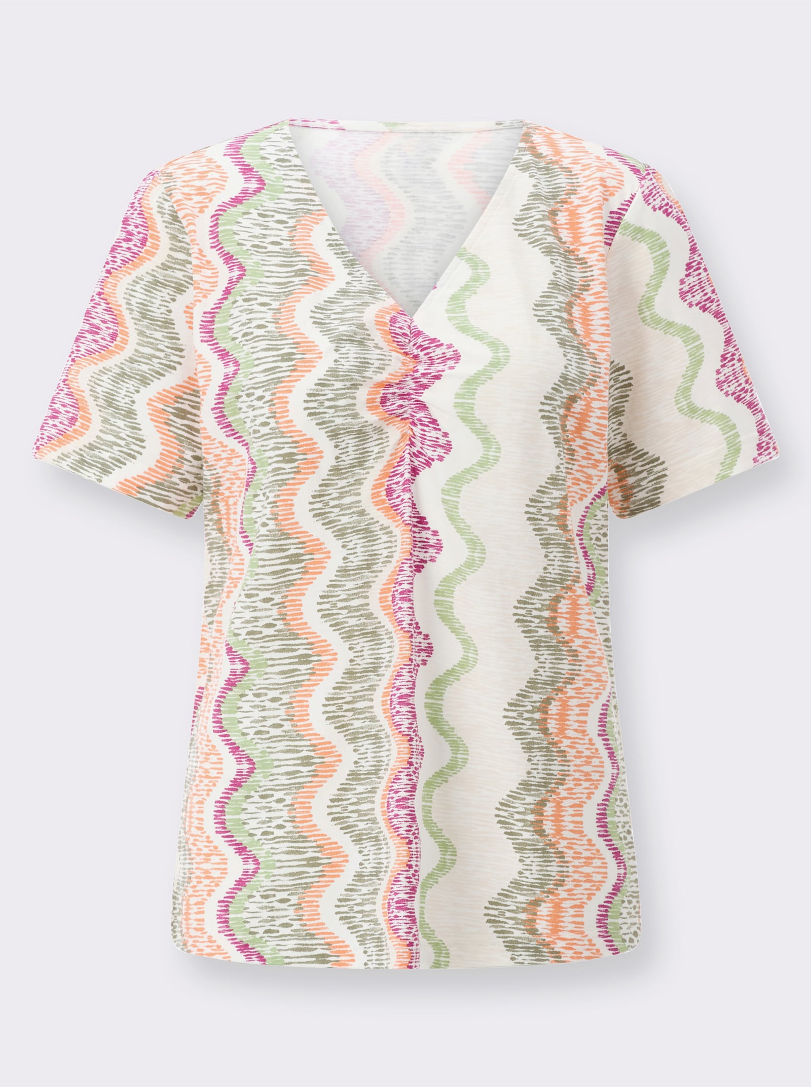 V-Shirt mit Raffungen - ecru-khaki-bedruckt