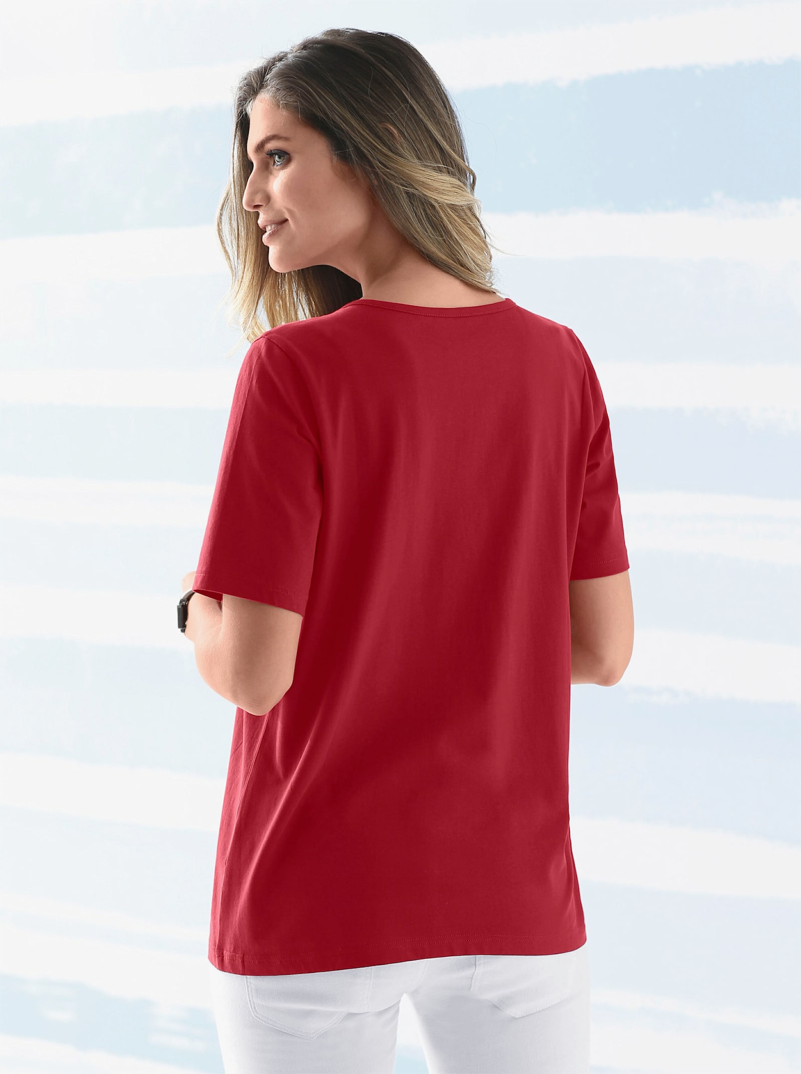 Kurzarmshirt mit Streifen-Einsatz - rot