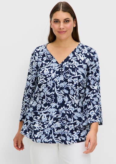 sheego Druckbluse mit 3/4-Trompetenärmeln - tiefblau-gemustert