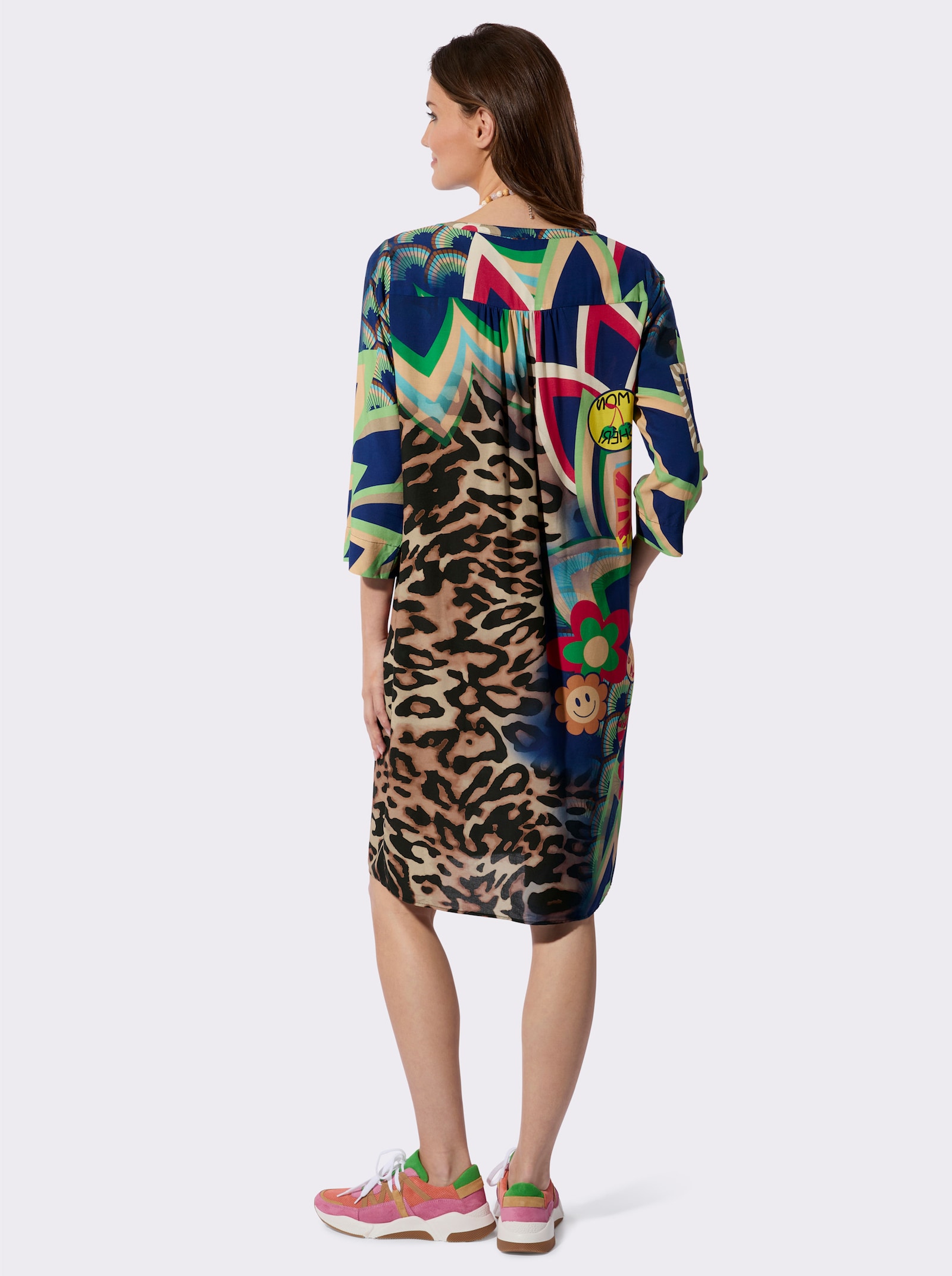 Tunikakleid im Muster-Mix - grasgrün-royalblau-bedruckt