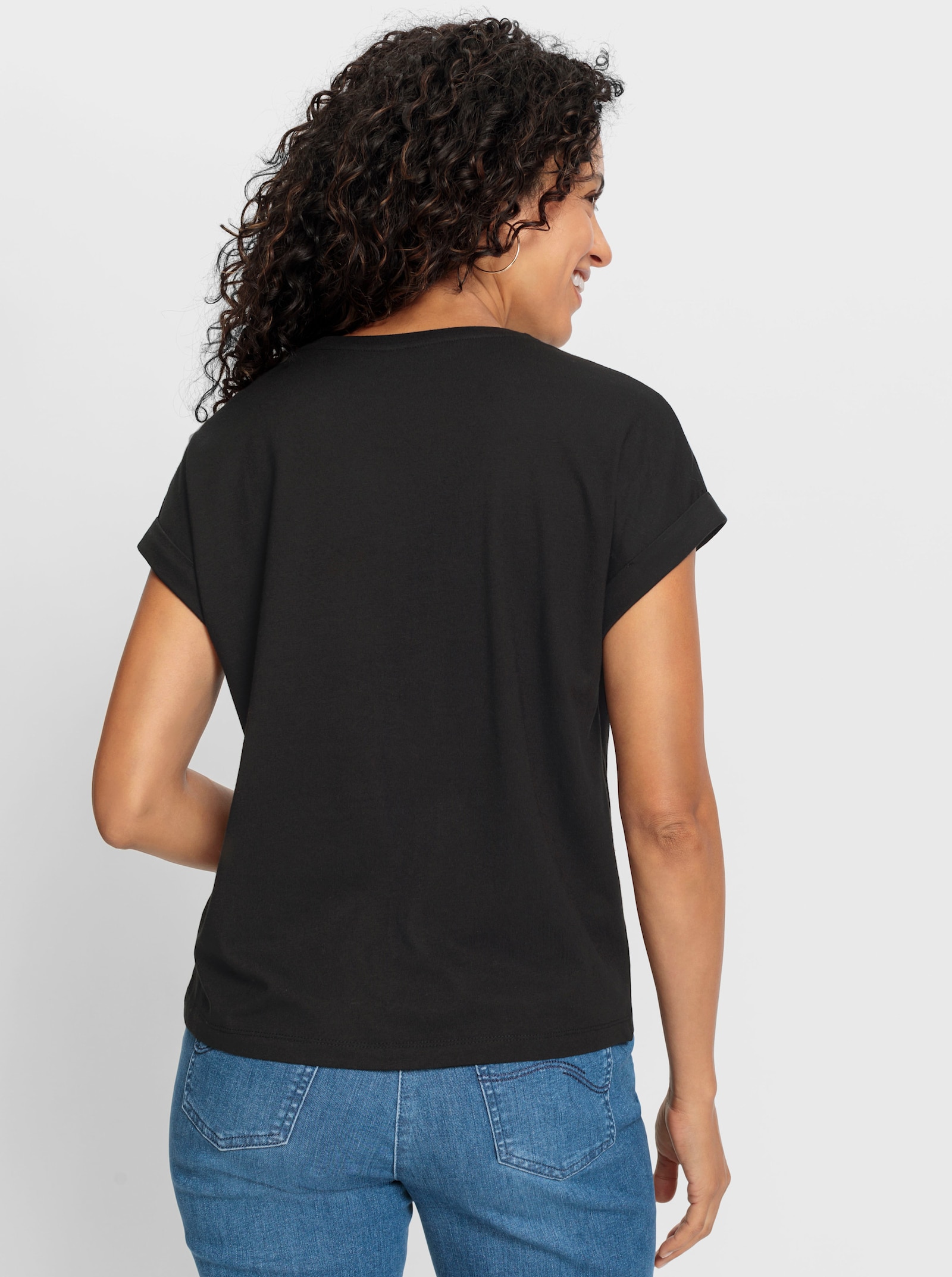 Rundhalsshirt mit Pailletten-Blüten - schwarz