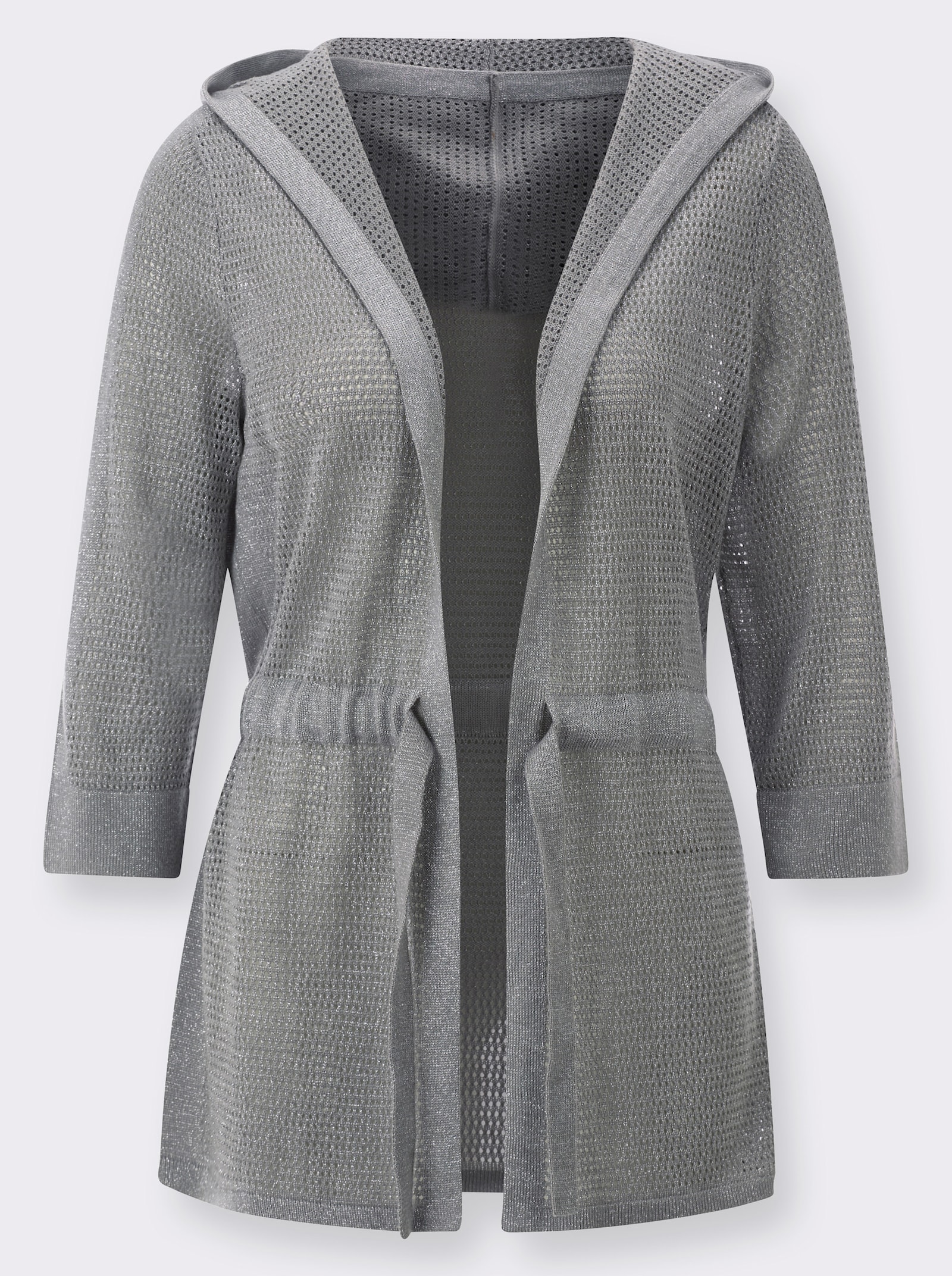 Ajourstrickjacke mit Glanzgarn - steingrau