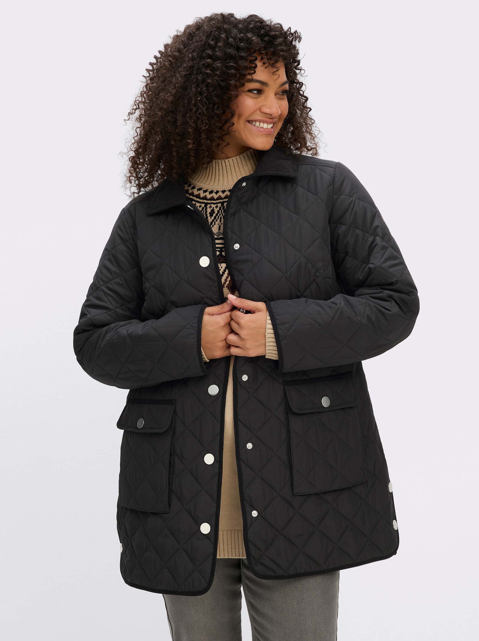 sheego Steppjacke mit Cord-Akzenten - schwarz