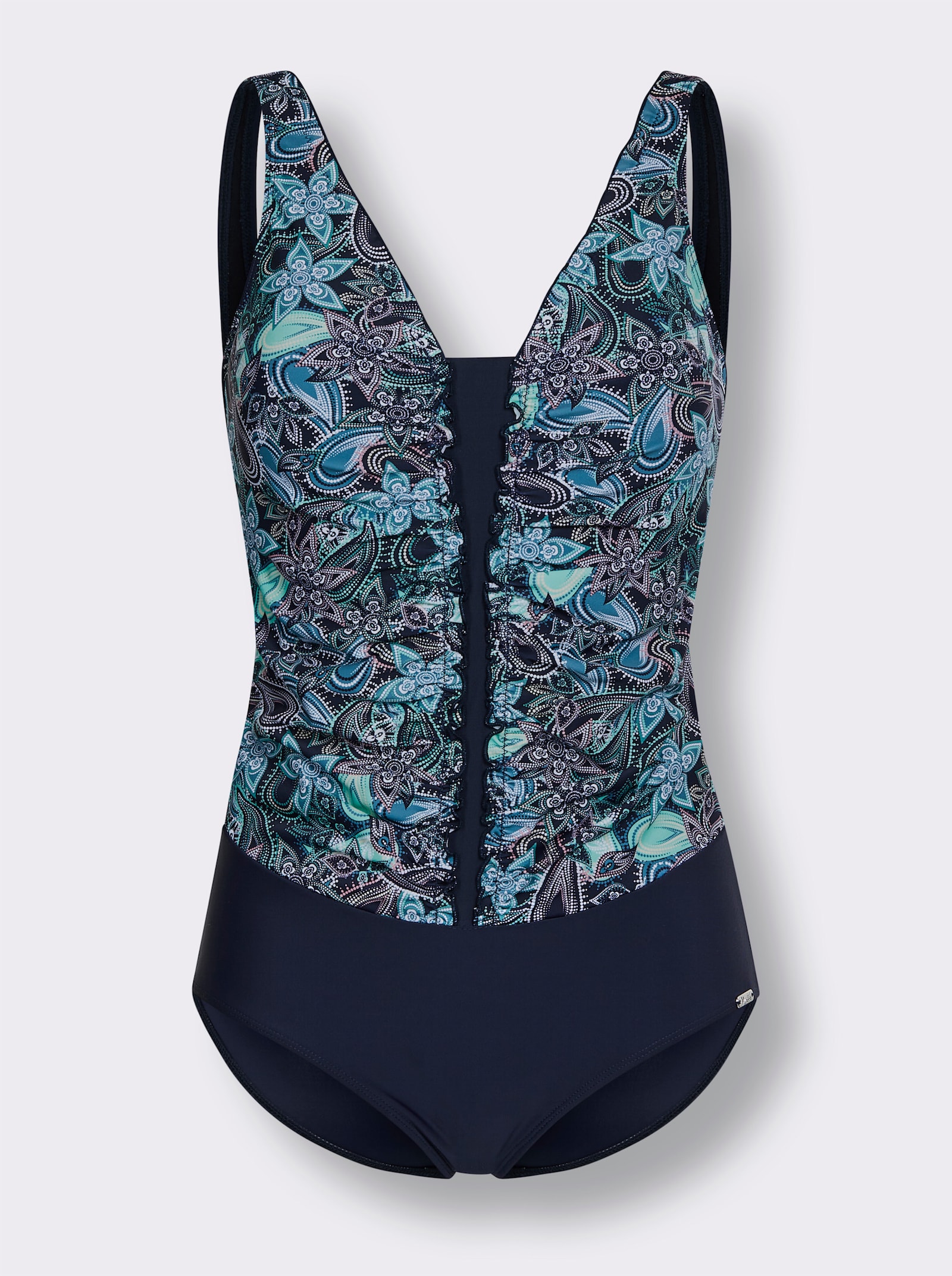 feel good Badeanzug mit Raffungen - marine-smaragd-bedruckt