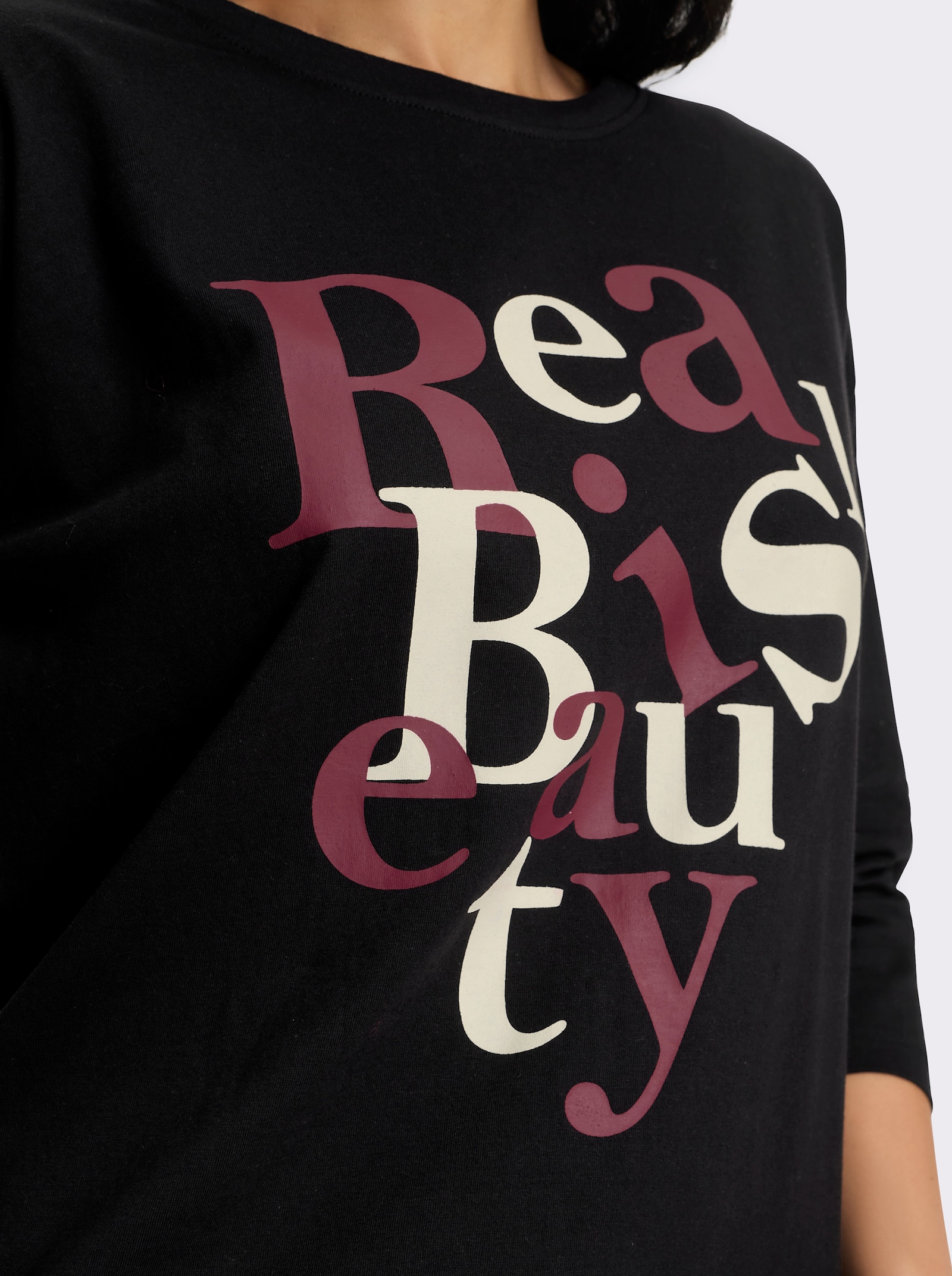 3/4-Arm-Shirt mit Schriftzug im Vorderteil - schwarz-bordeaux