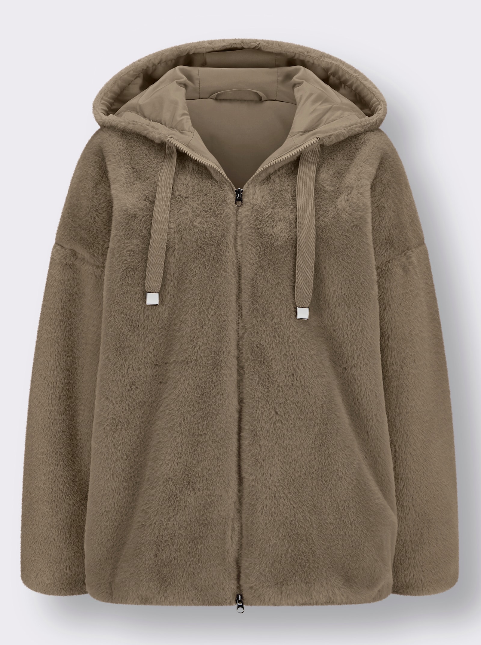 Fellimitatjacke mit Gummizug an Ärmeln und Saum - schlamm