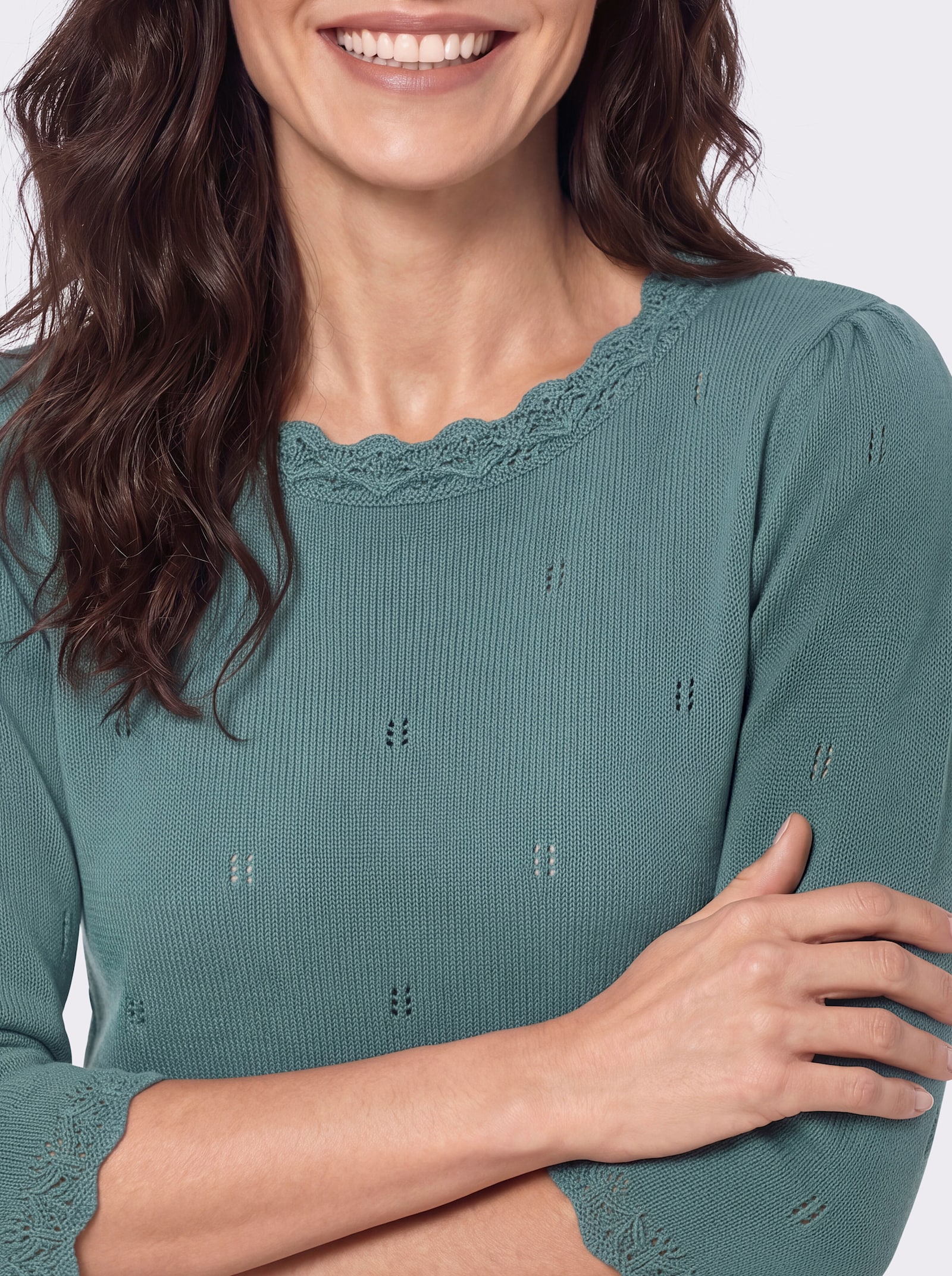 Baumwollpullover mit gewellten Abschlüssen - jade