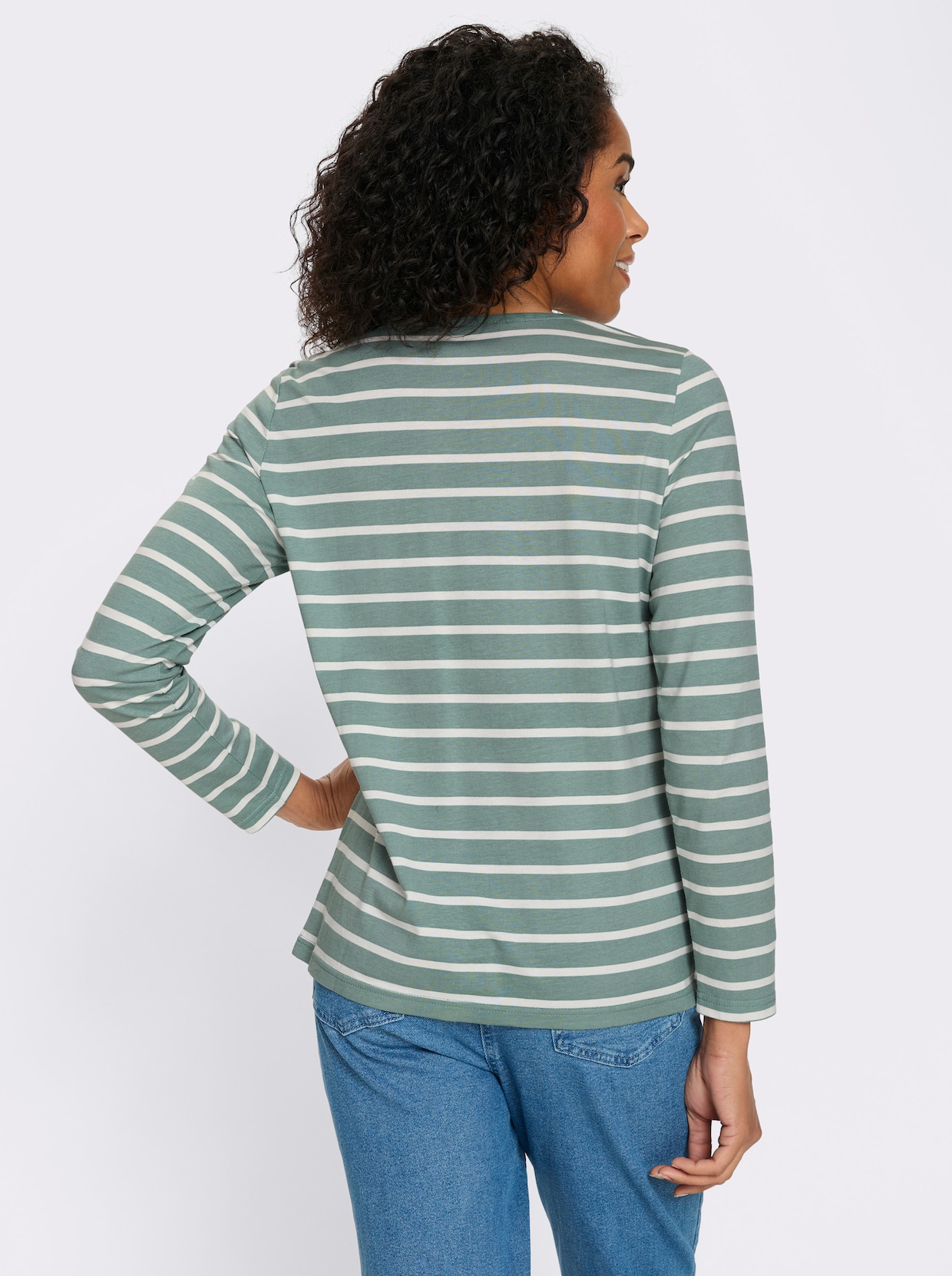 Langarmshirt mit Patch im Vorderteil, geringelt - jade-ecru-geringelt