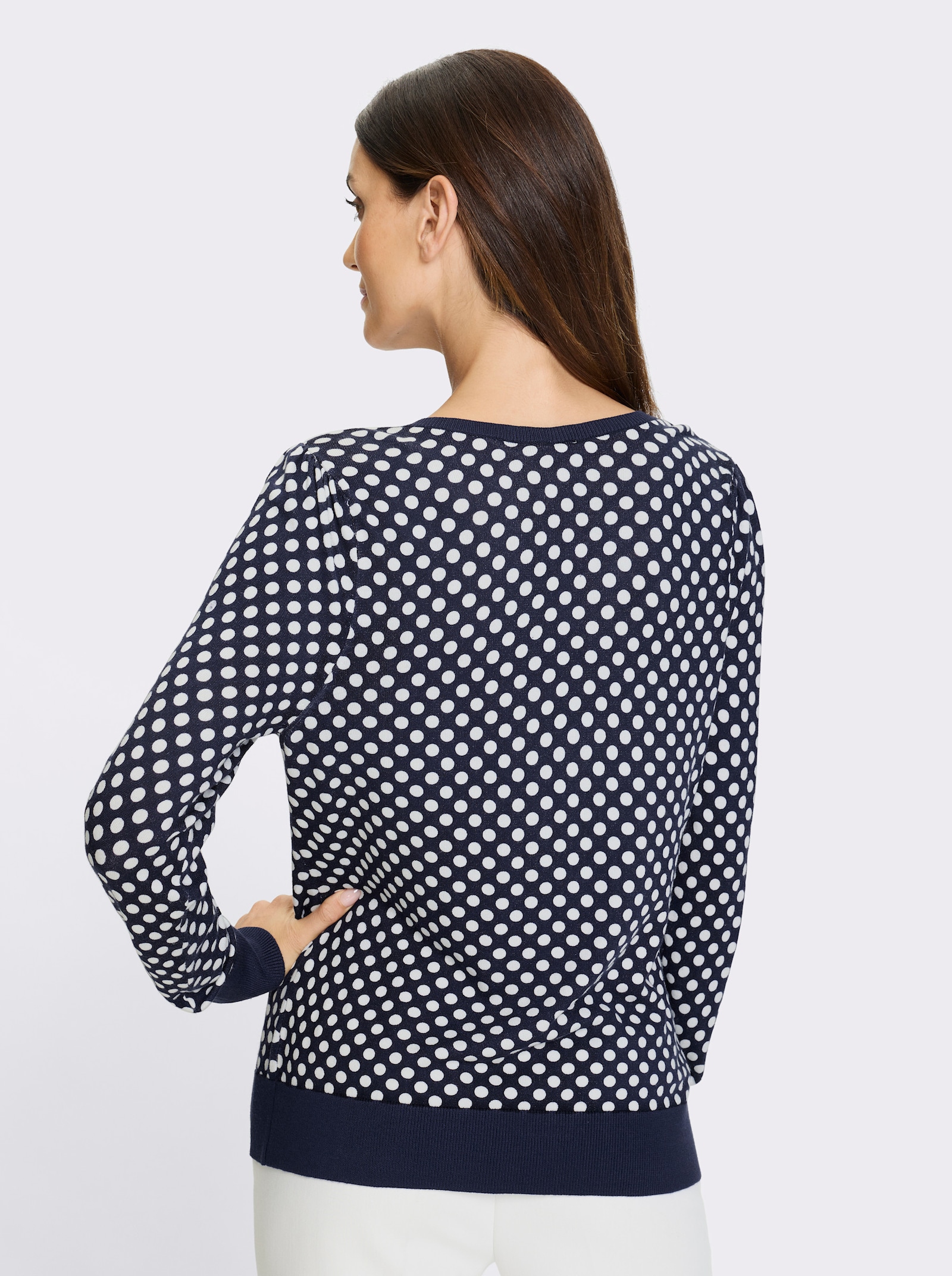 heine Fijn gebreid vest met pofmouwen - marine/ecru gestippeld