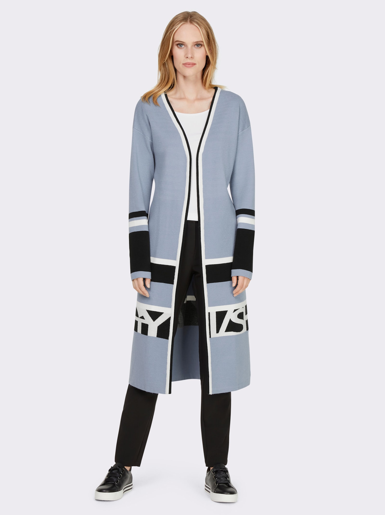 heine Strickmantel mit Streifen und Schriftzug - bleu-schwarz-gemustert