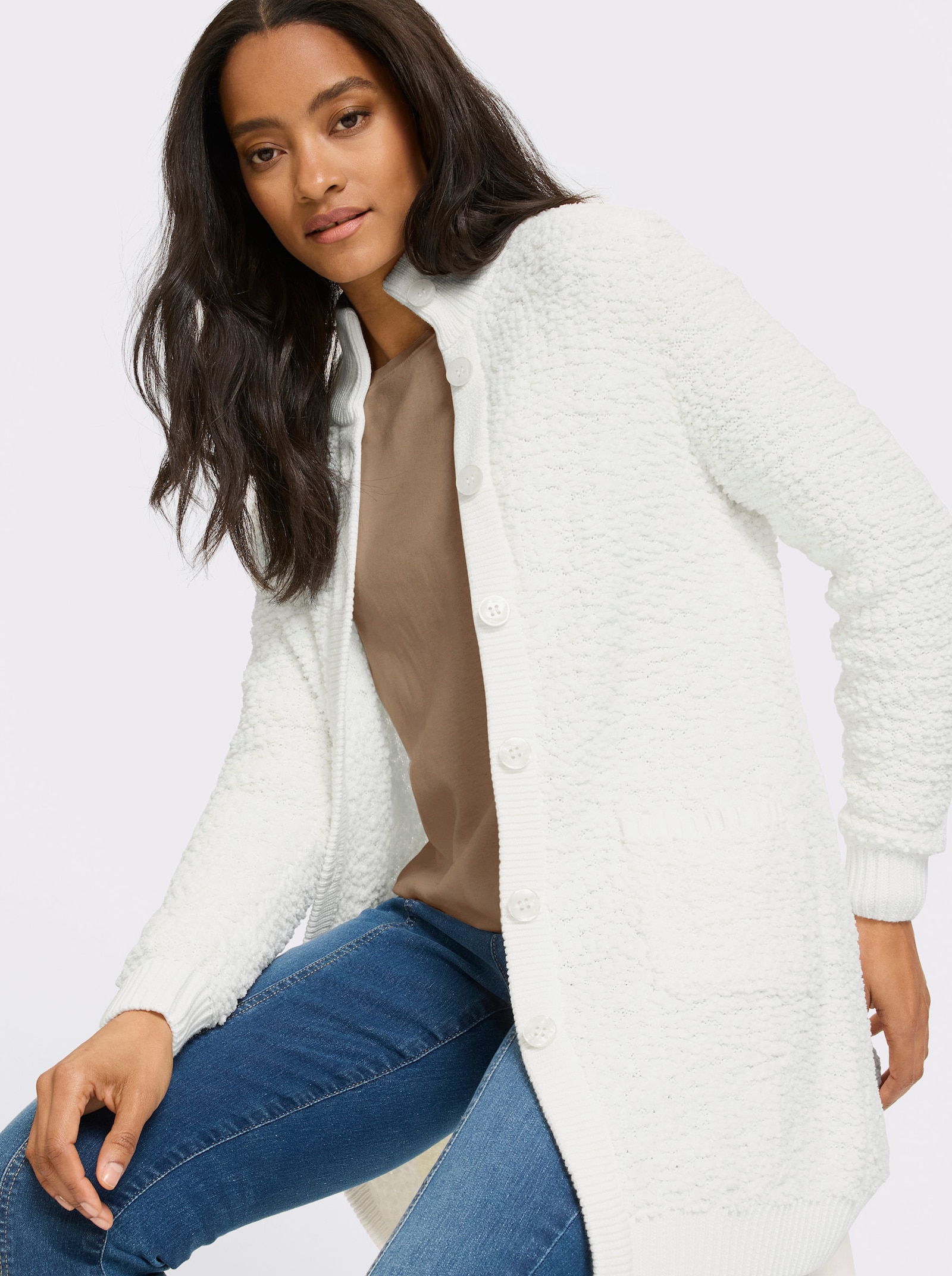 heine Longstrickjacke mit Stehkragen - ecru