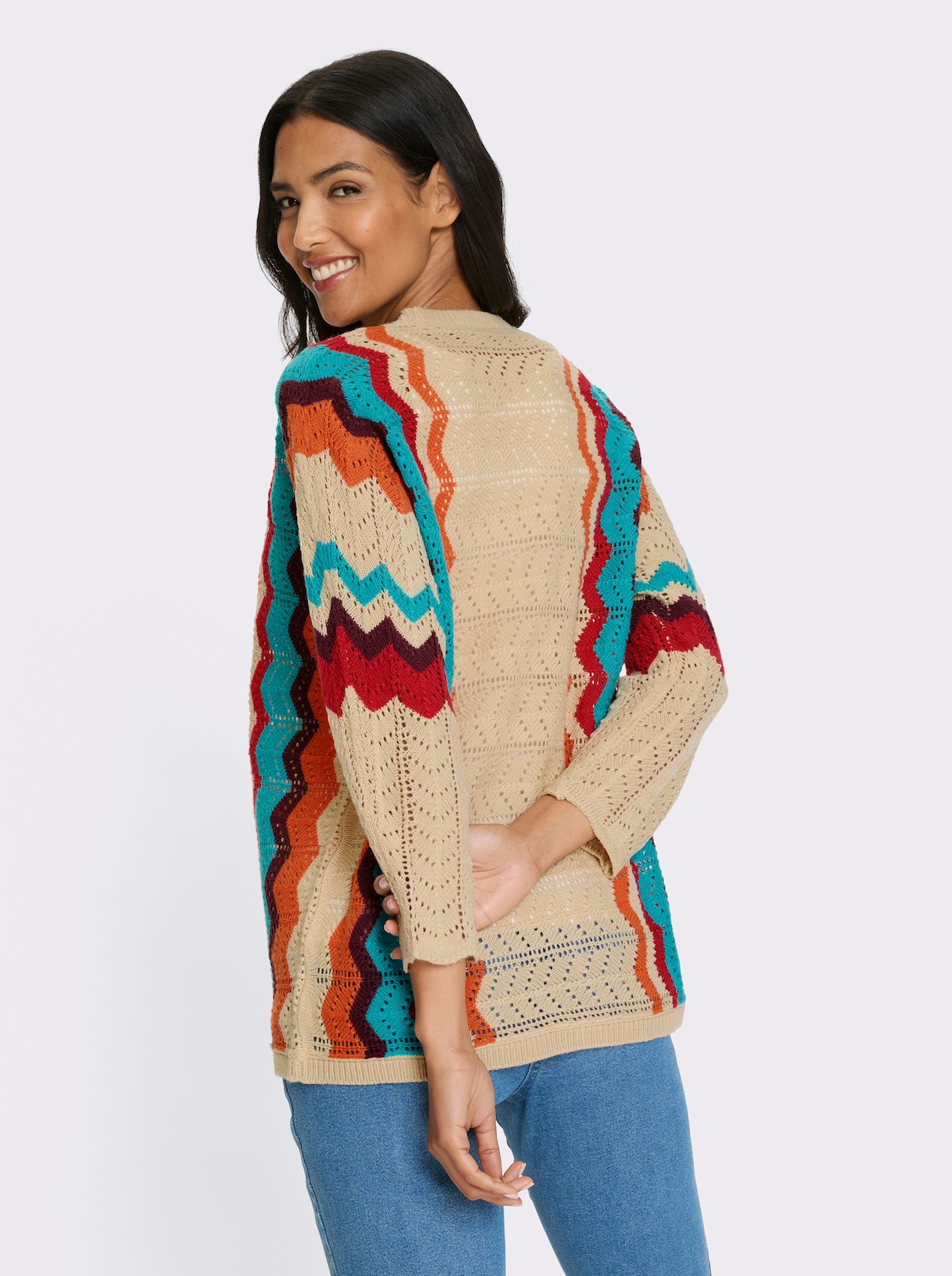 Ajourstrickjacke - sand-erdbeere-gemustert