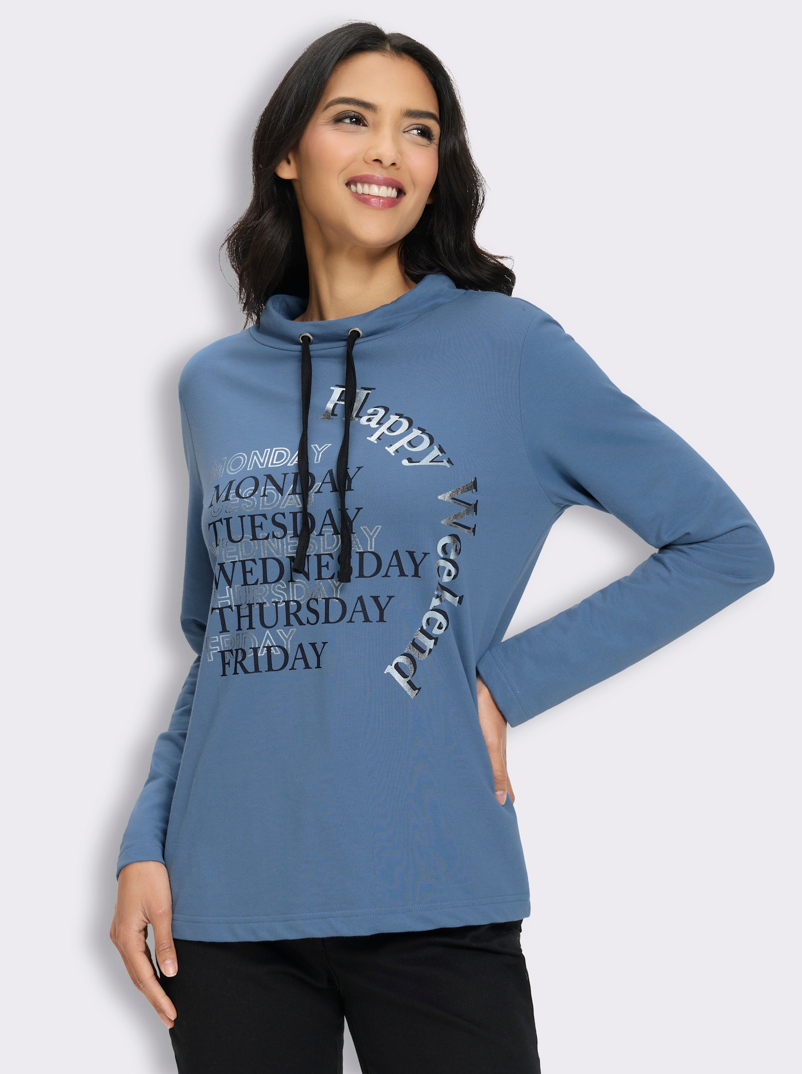 Sweatshirt mit halsfernem Stehkragen - mittelblau-marine-bedruckt