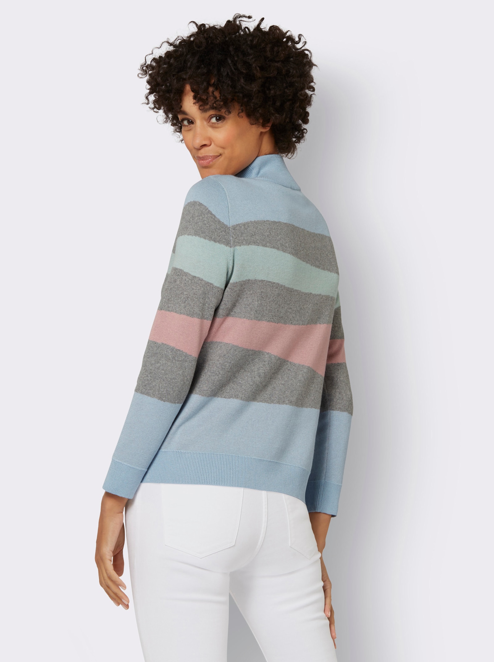 Langarm-Pullover mit Ripp-Abschlüssen, kuschelig - grau-bleu-gemustert