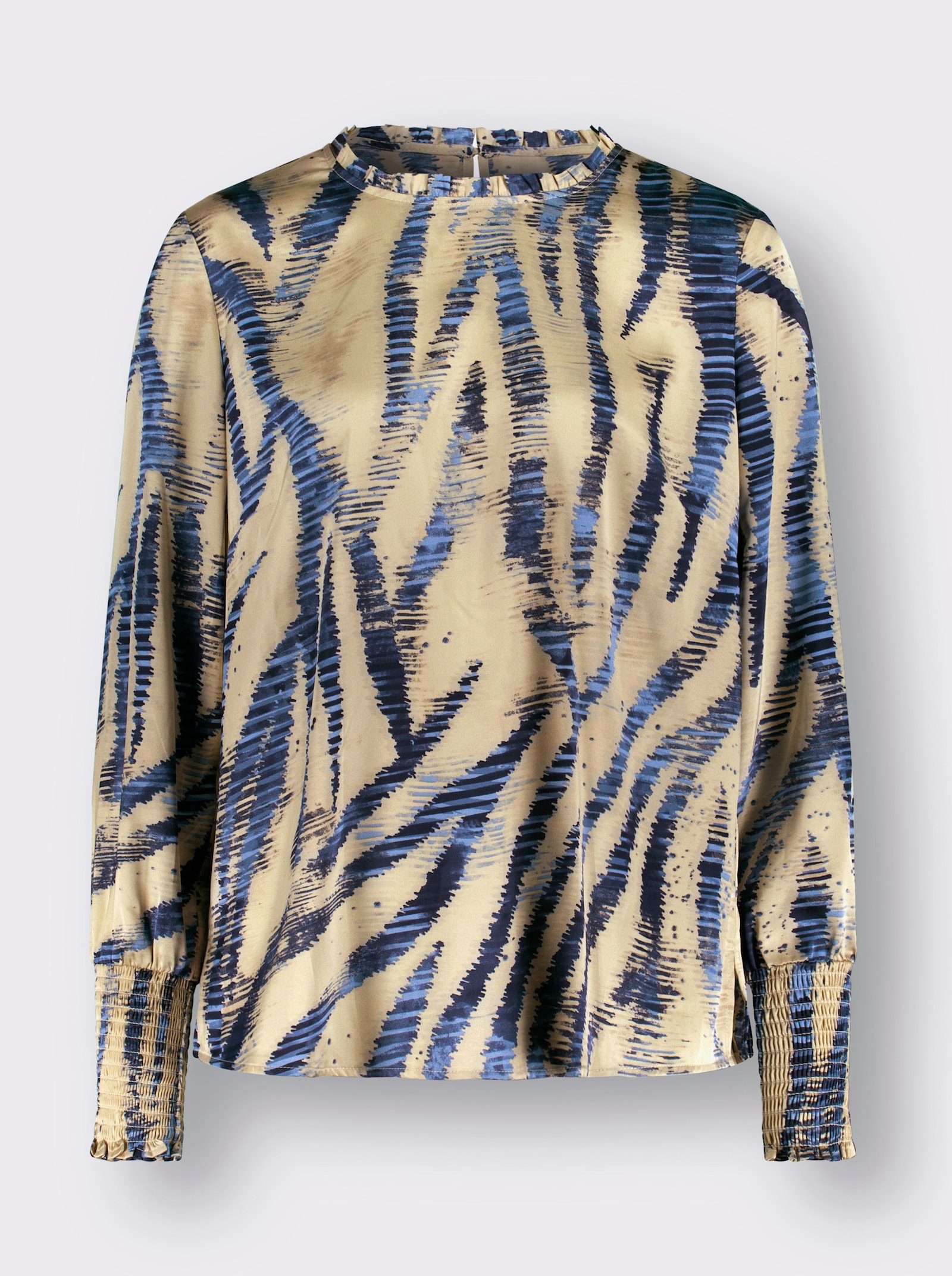 Schlupfbluse mit gesmokter Blende - sand-marine-bedruckt