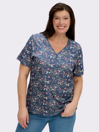 Kurzarmshirt mit Reißverschluss am Ausschnitt - jeansblau-hellrosé-gemustert