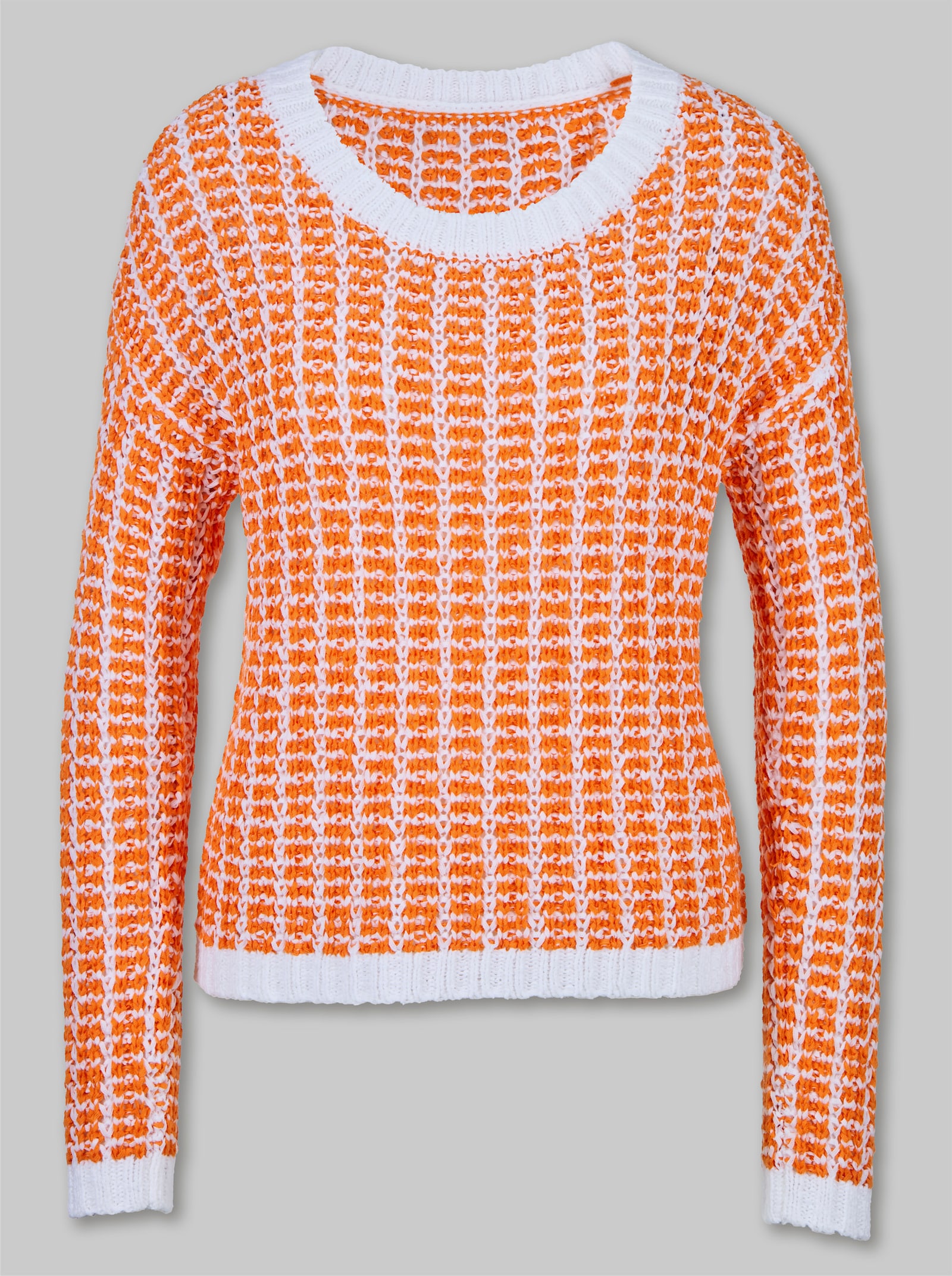 heine Langarm-Pullover aus Bändchengarn - weiß-orange-gemustert