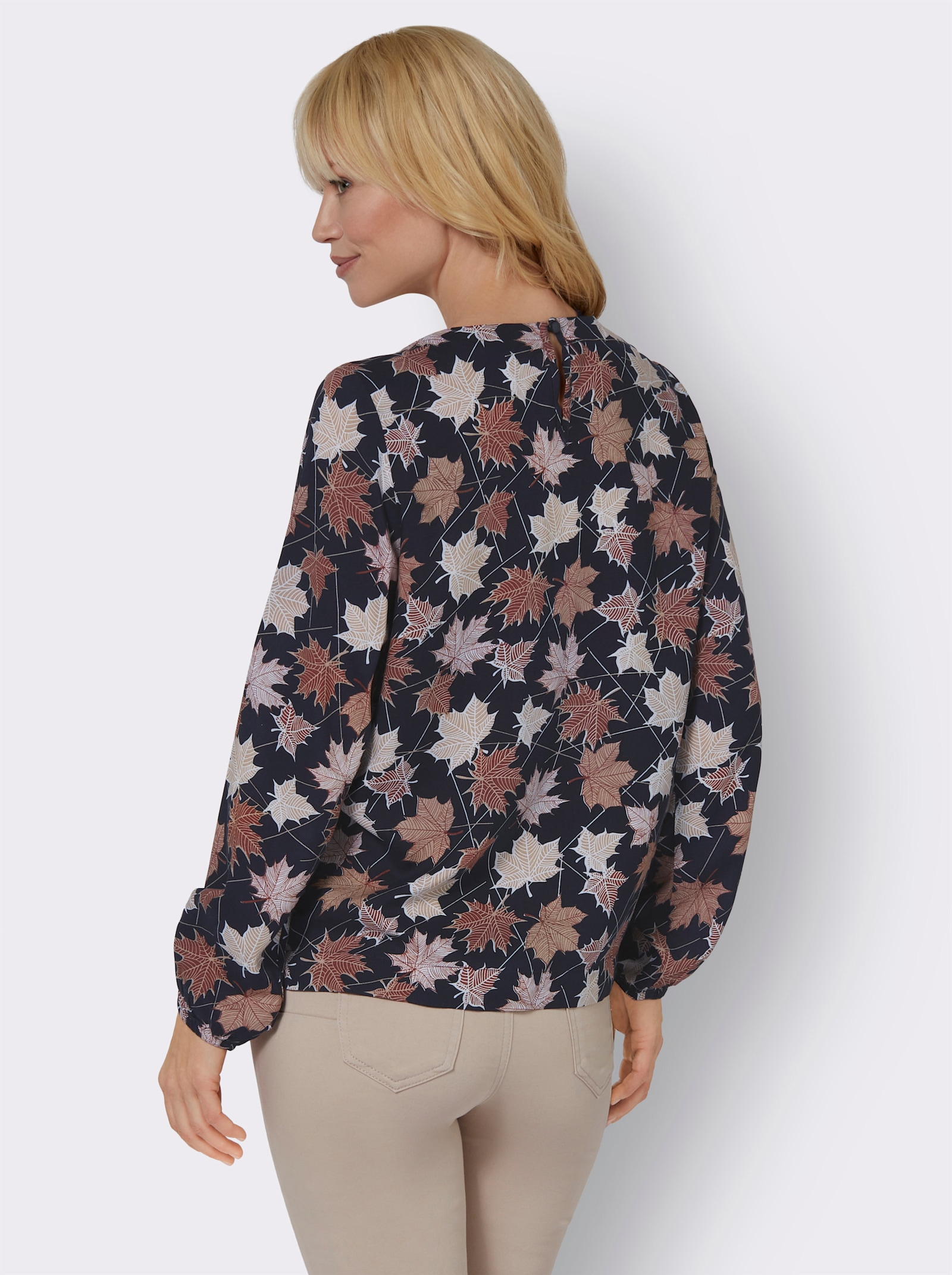 Blouse met lange mouwen en bladerprint - marine/roodbruin bedrukt