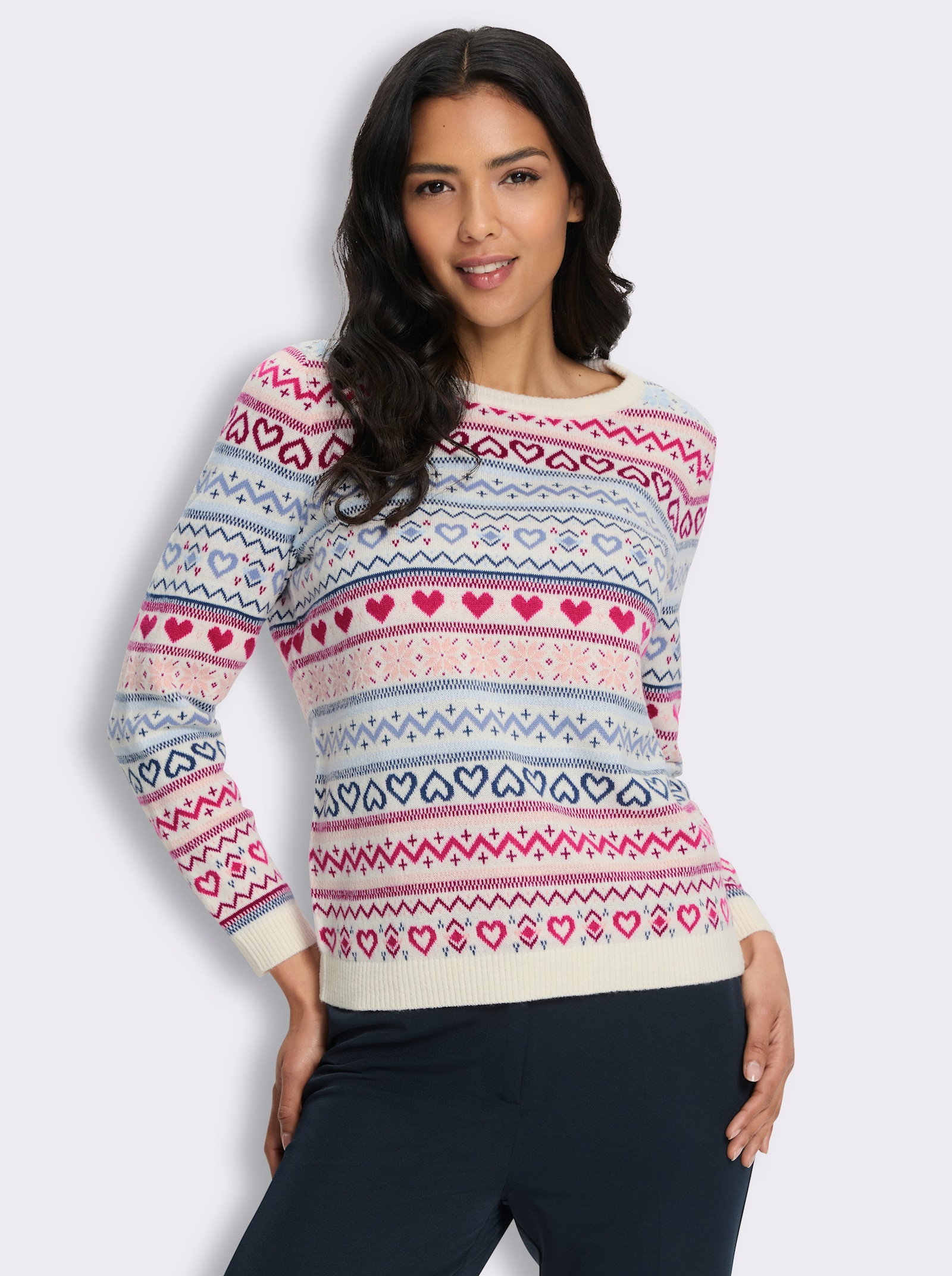 Jacquard-Pullover mit Rundhals-Ausschnitt - champagner-malve-gemustert