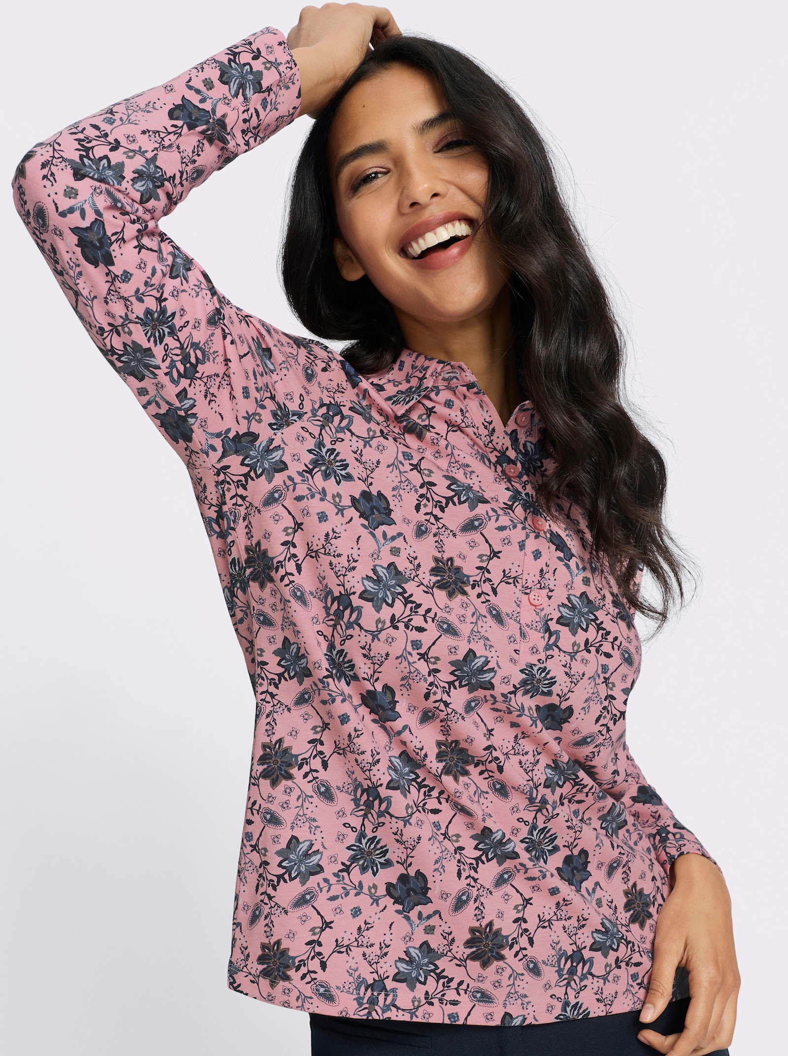 Poloshirt mit floralem Druck - rosenquarz-marine-bedruckt