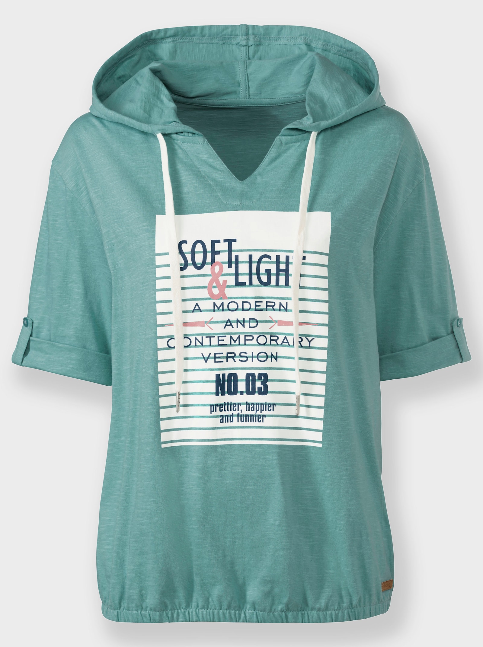 Shirt met capuchon en elastiek in de zoom - salie/ecru bedrukt