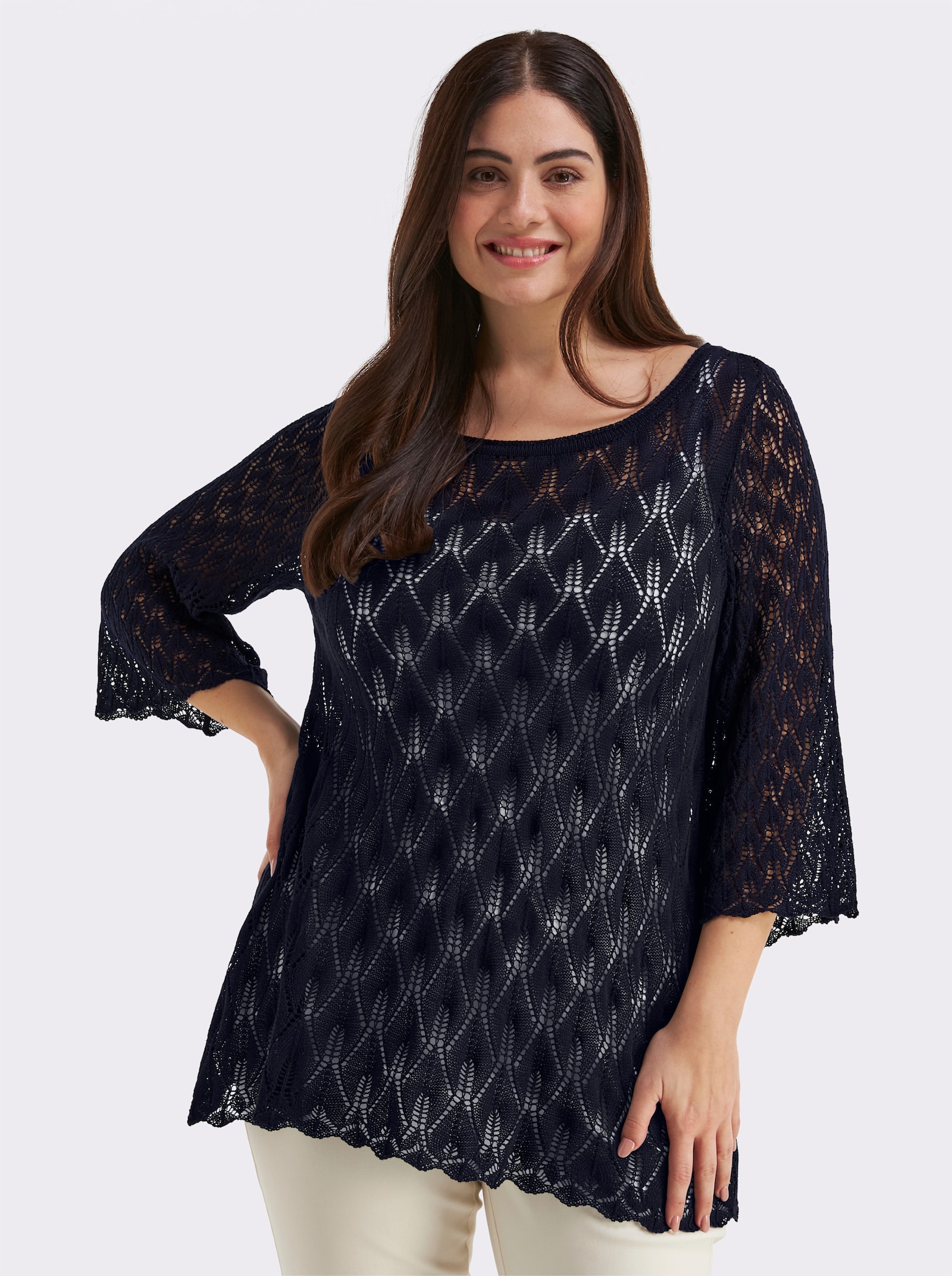 sheego Ajourpullover mit 3/4-Trompetenärmeln - tiefblau